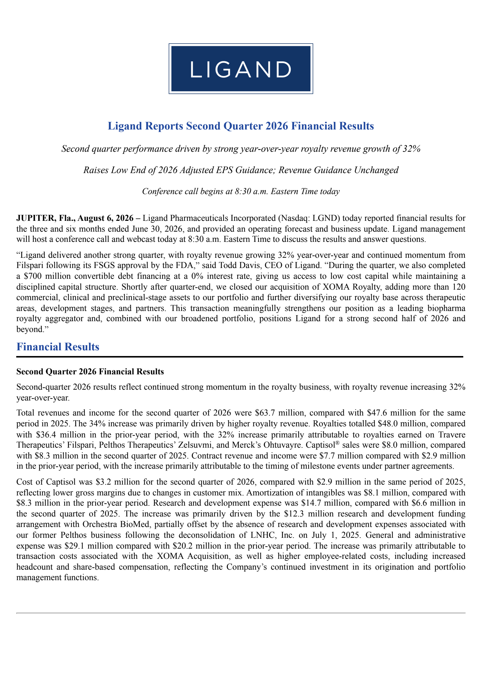 Ligand Pharmaceuticals' Q2 2026 Press Release