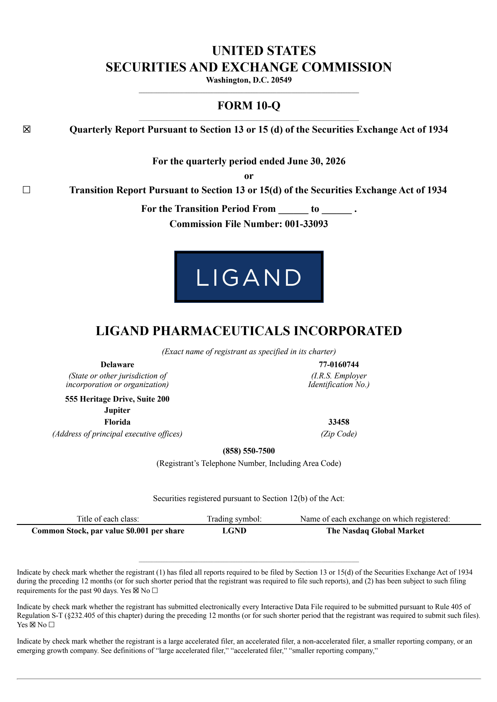 Ligand Pharmaceuticals' Q2 2026 Quarterly report