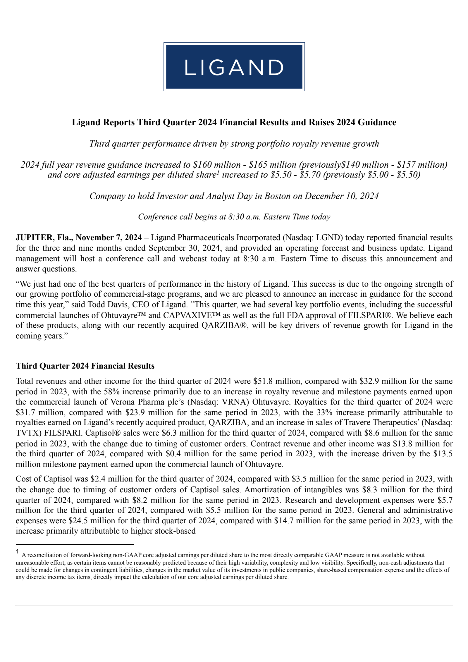 Ligand Pharmaceuticals' Q3 2024 Press Release