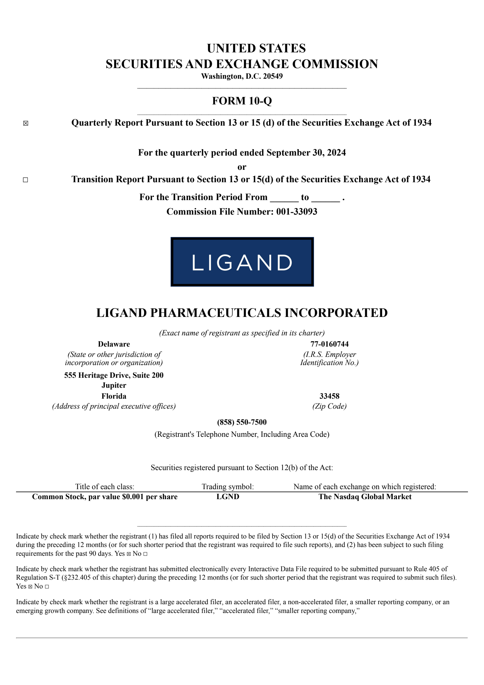 Ligand Pharmaceuticals' Q3 2024 Quarterly report