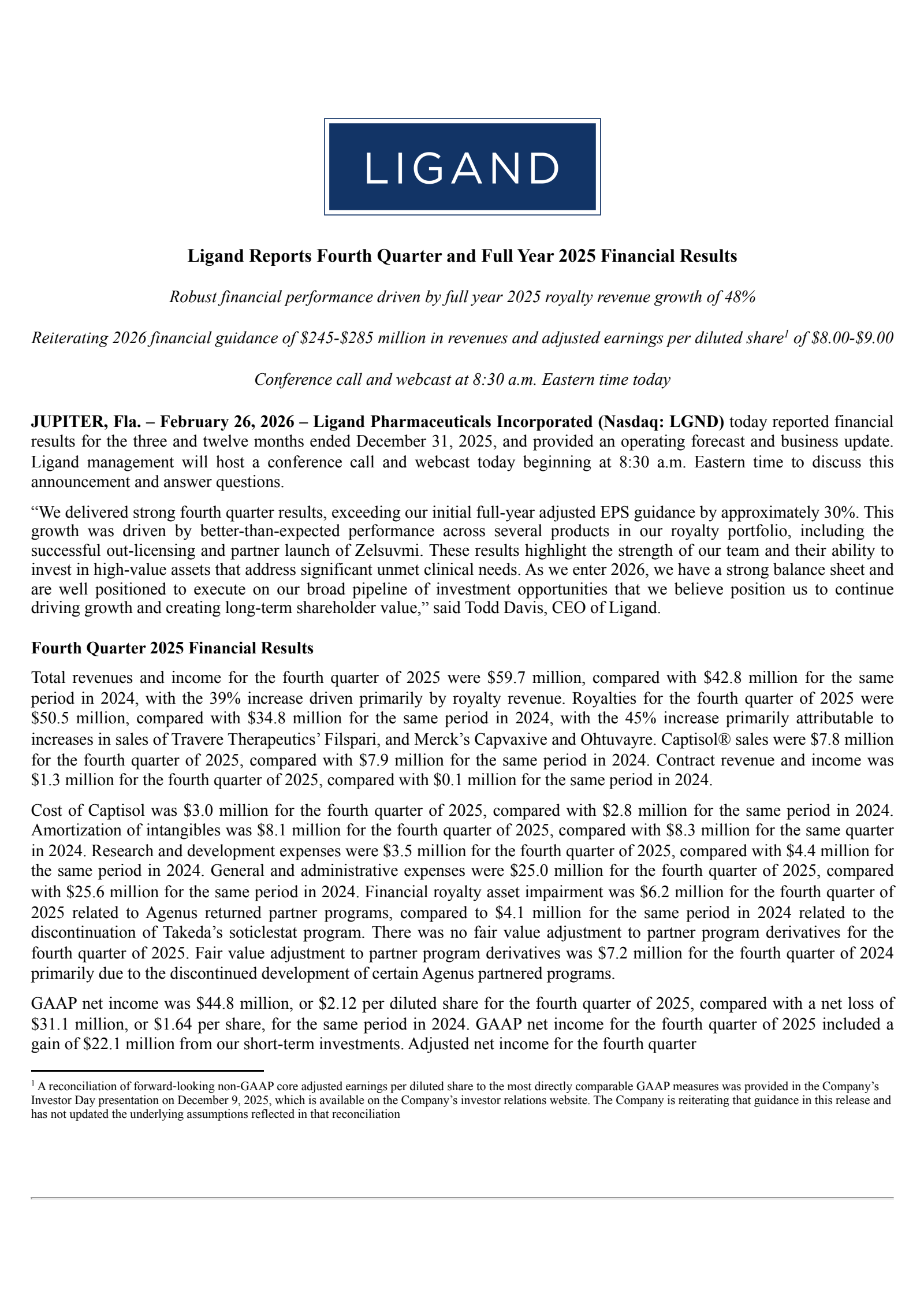 Ligand Pharmaceuticals' Q4 2025 Press Release