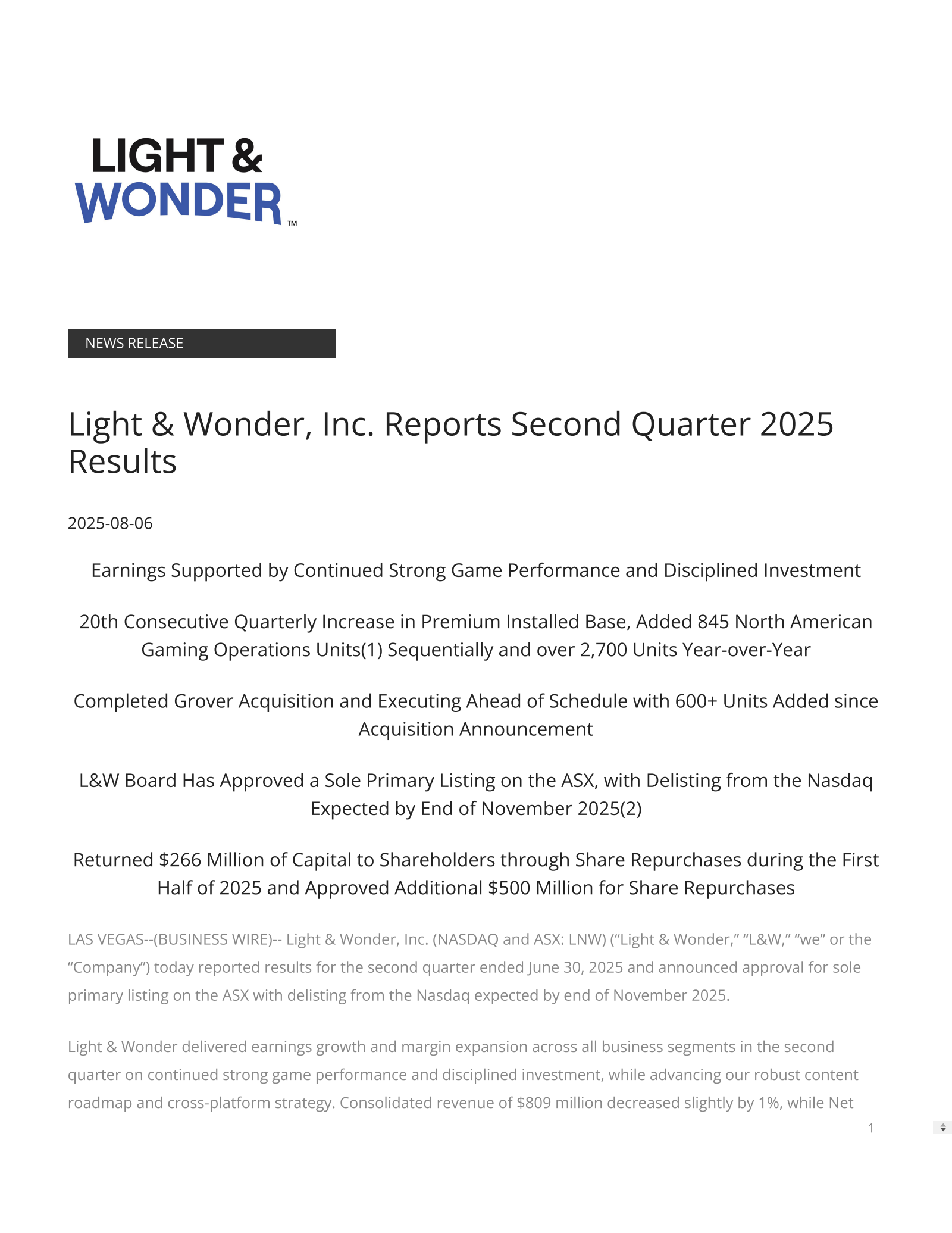 Light & Wonder's Q2 2025 Press Release
