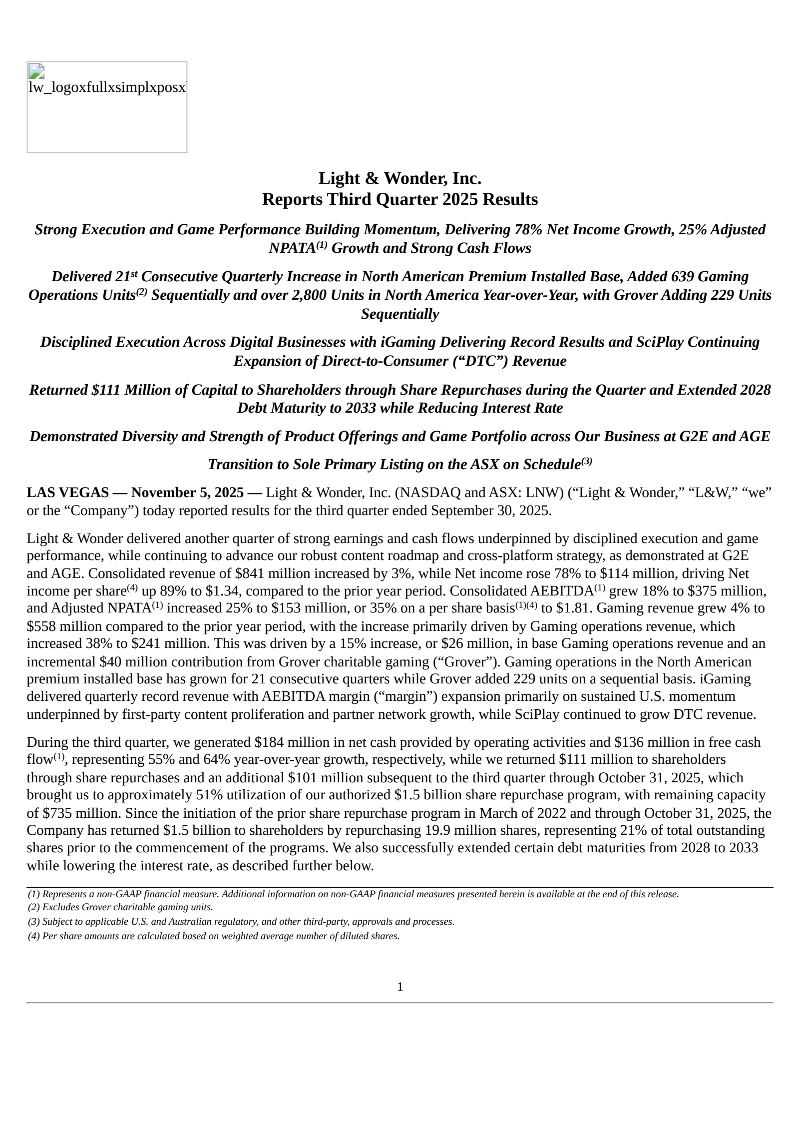 Light & Wonder's Q3 2025 Earnings Release