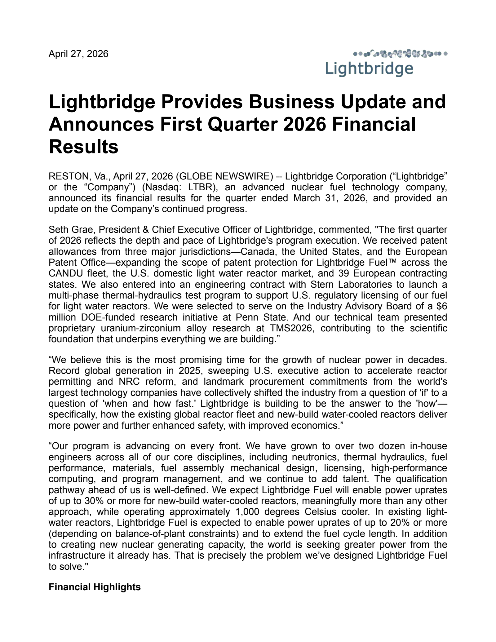 Lightbridge's Q1 2026 Press Release