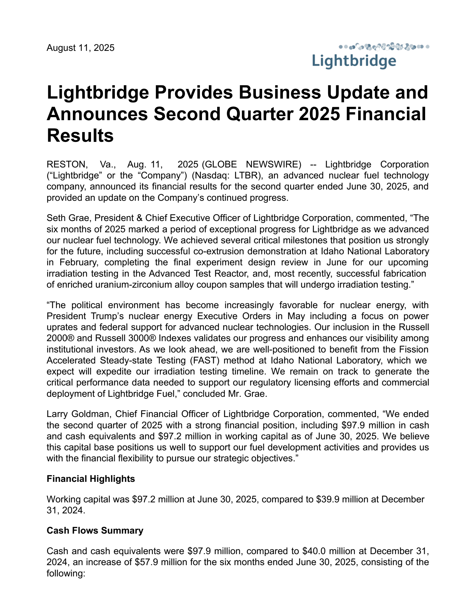 Lightbridge's Q2 2025 Press Release