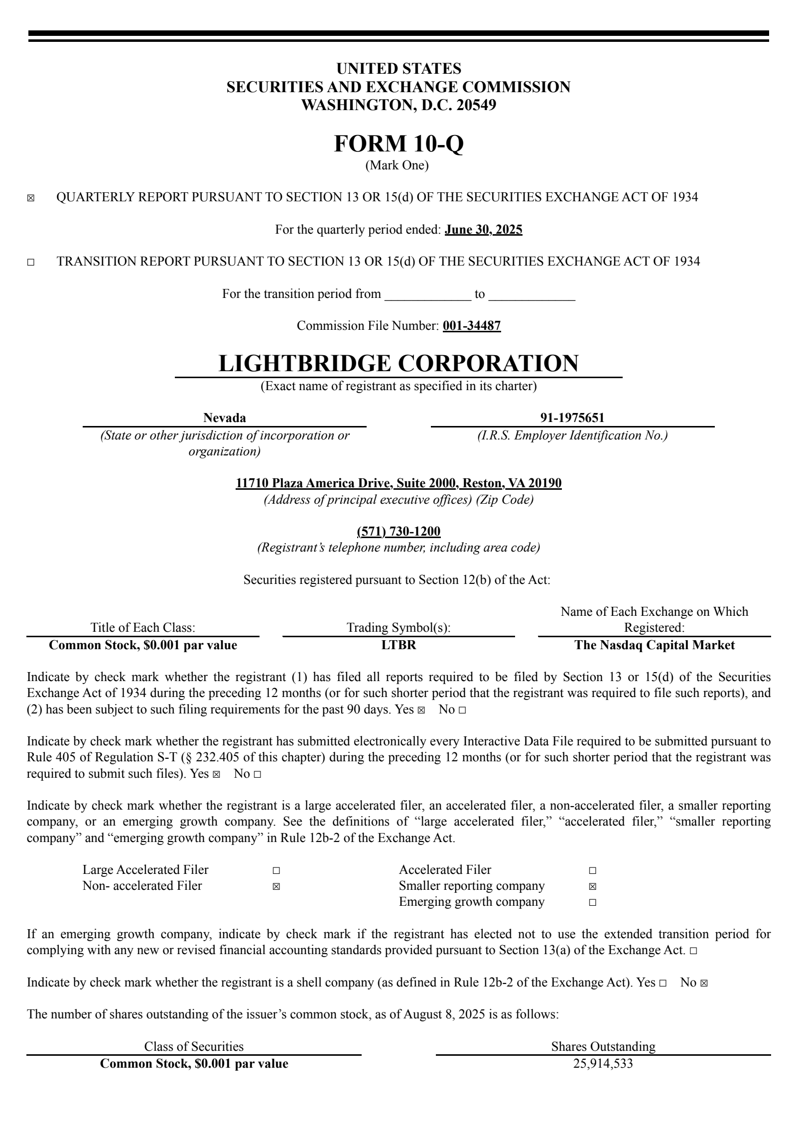 Lightbridge's Q2 2025 Quarterly report
