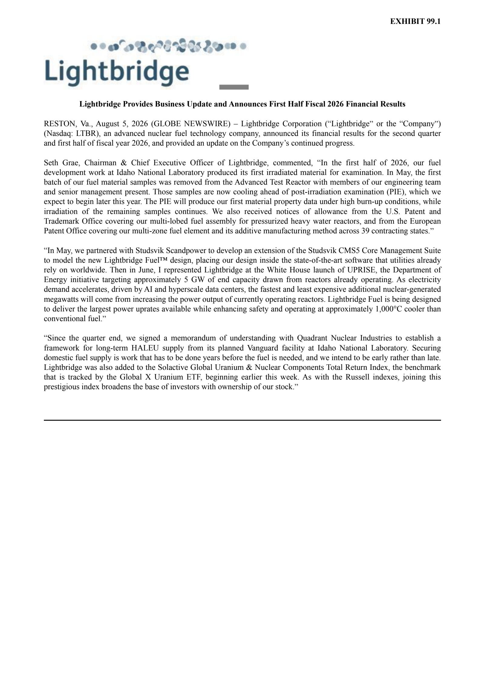 Lightbridge's Q2 2026 Press Release