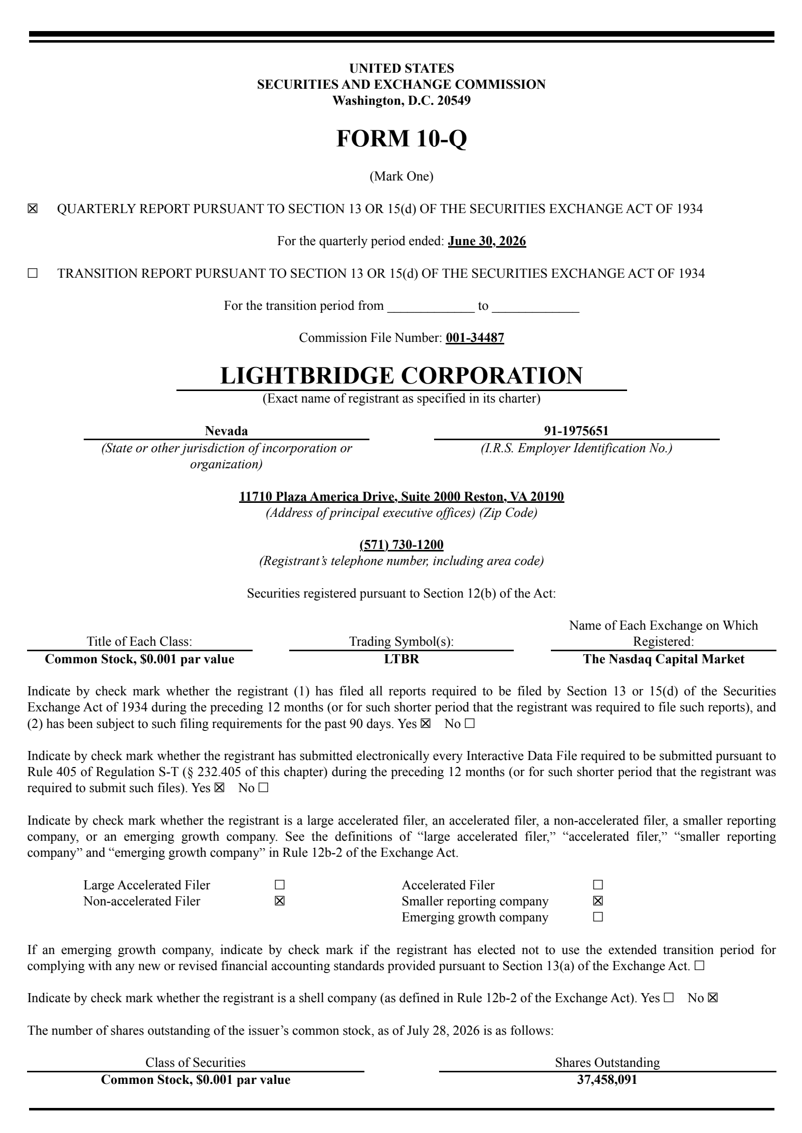 Lightbridge's Q2 2026 Quarterly report