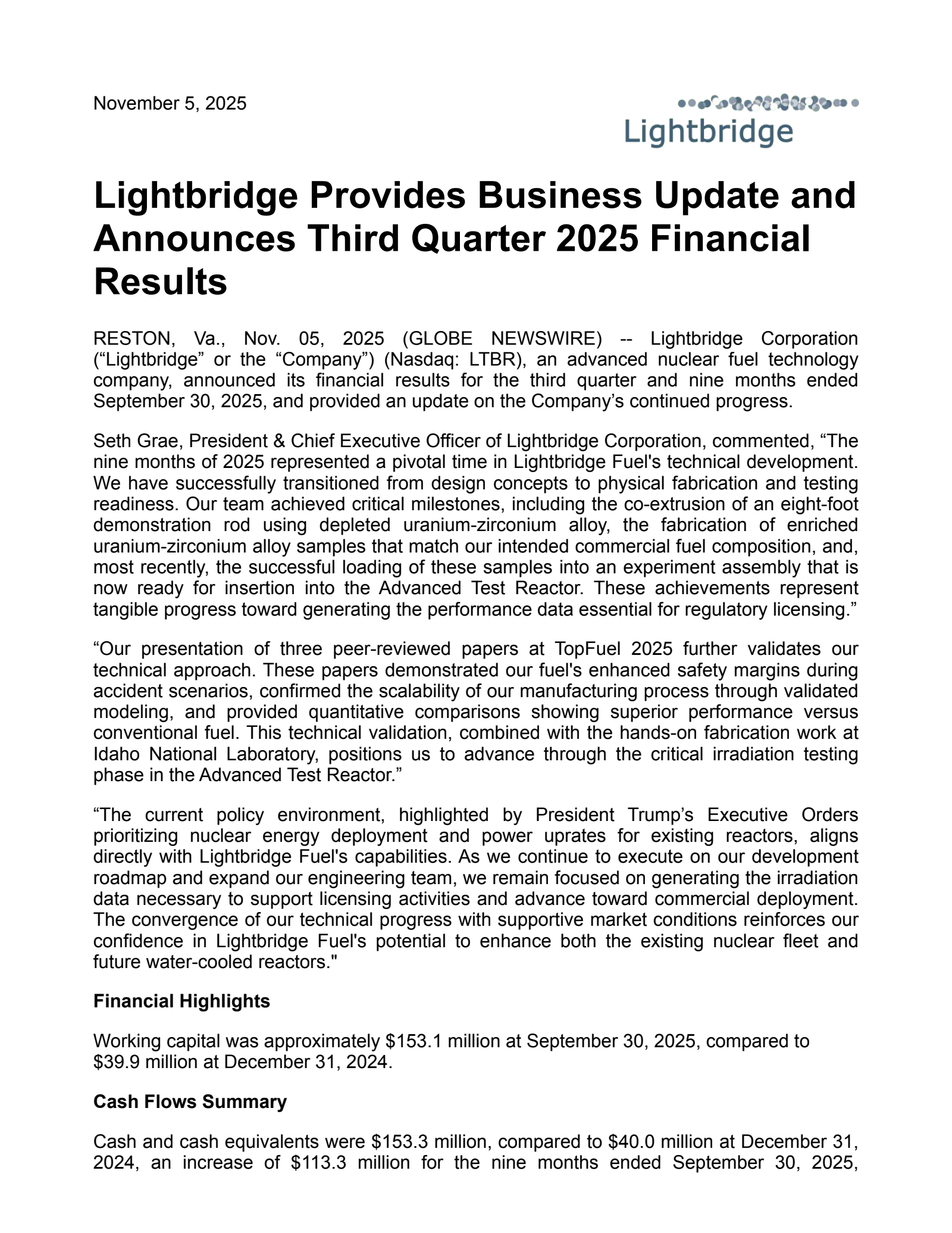 Lightbridge's Q3 2025 Earnings Release