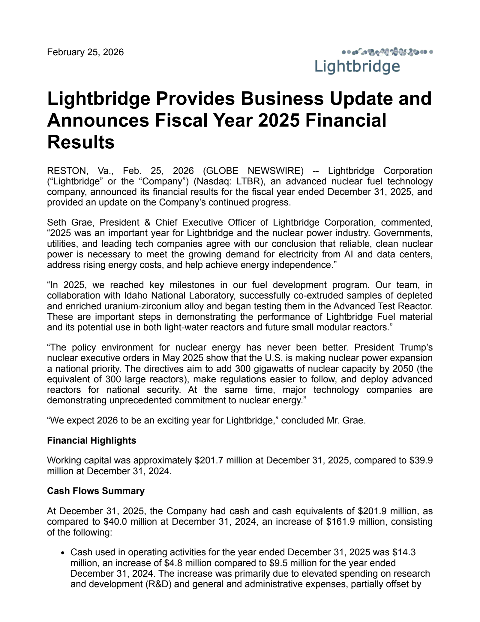 Lightbridge's Q4 2025 Press Release