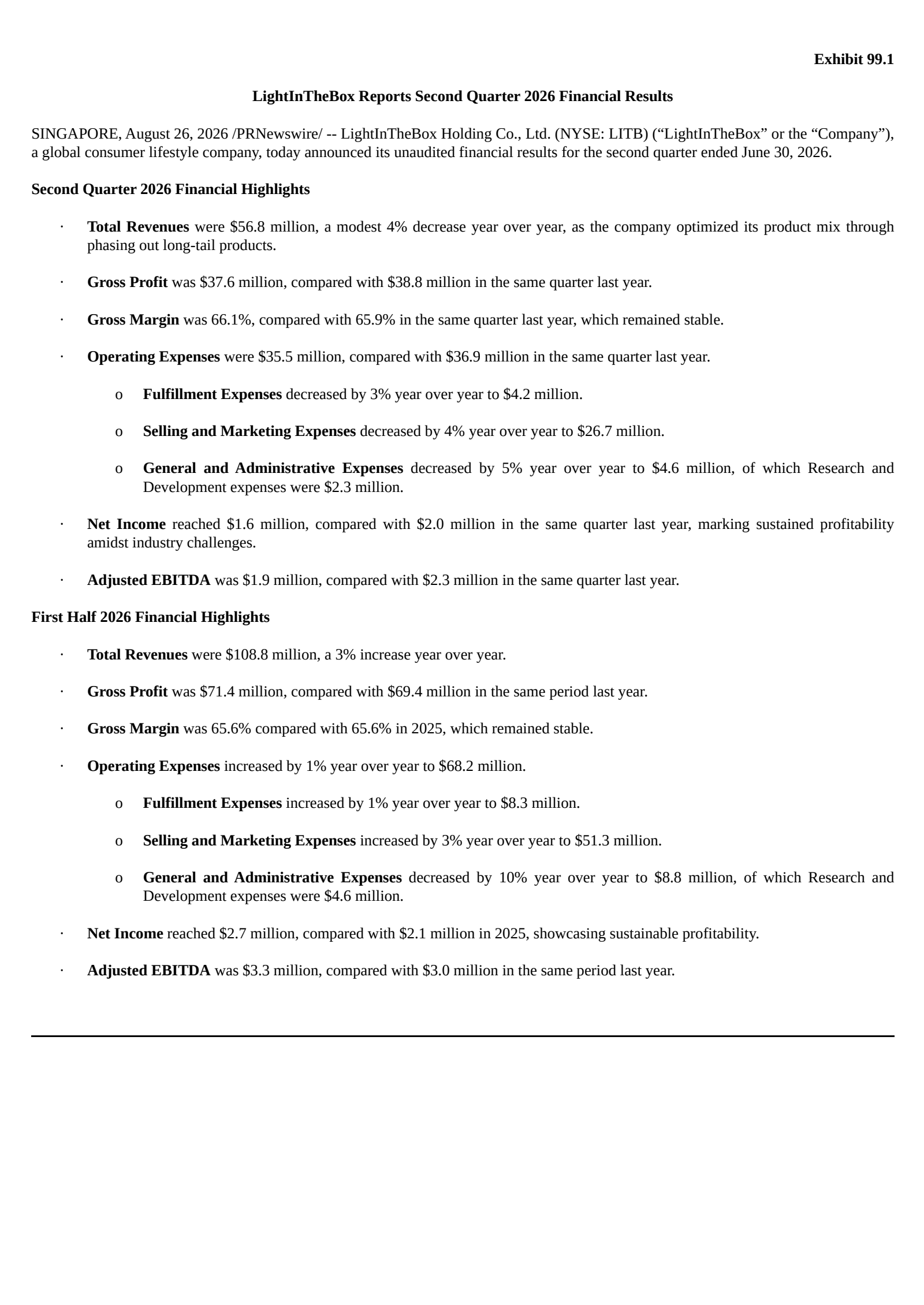 LightInTheBox's Q2 2026 Press Release