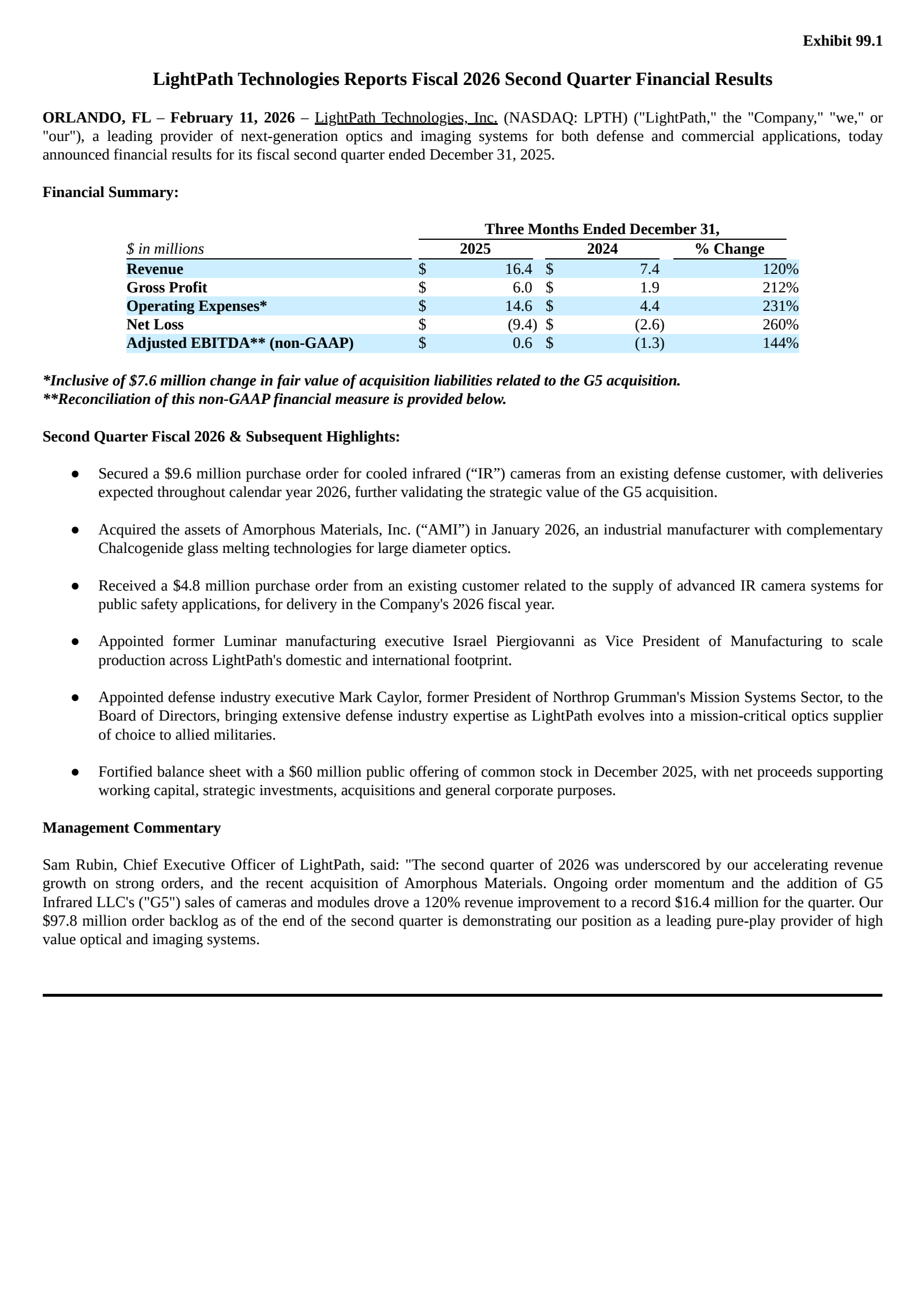 LightPath Technologies' Q2 2026 Press Release