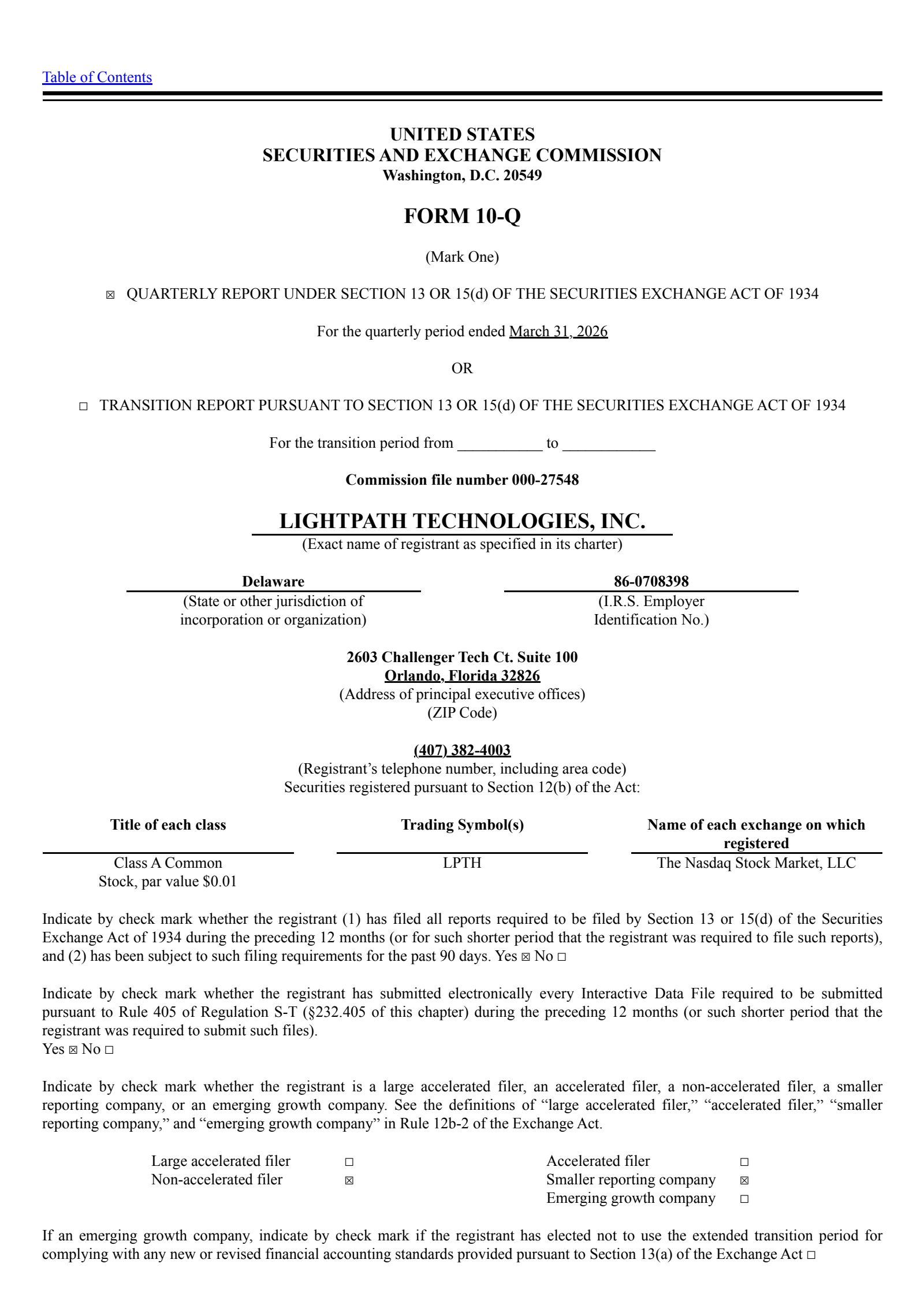 LightPath Technologies' Q3 2026 Quarterly report