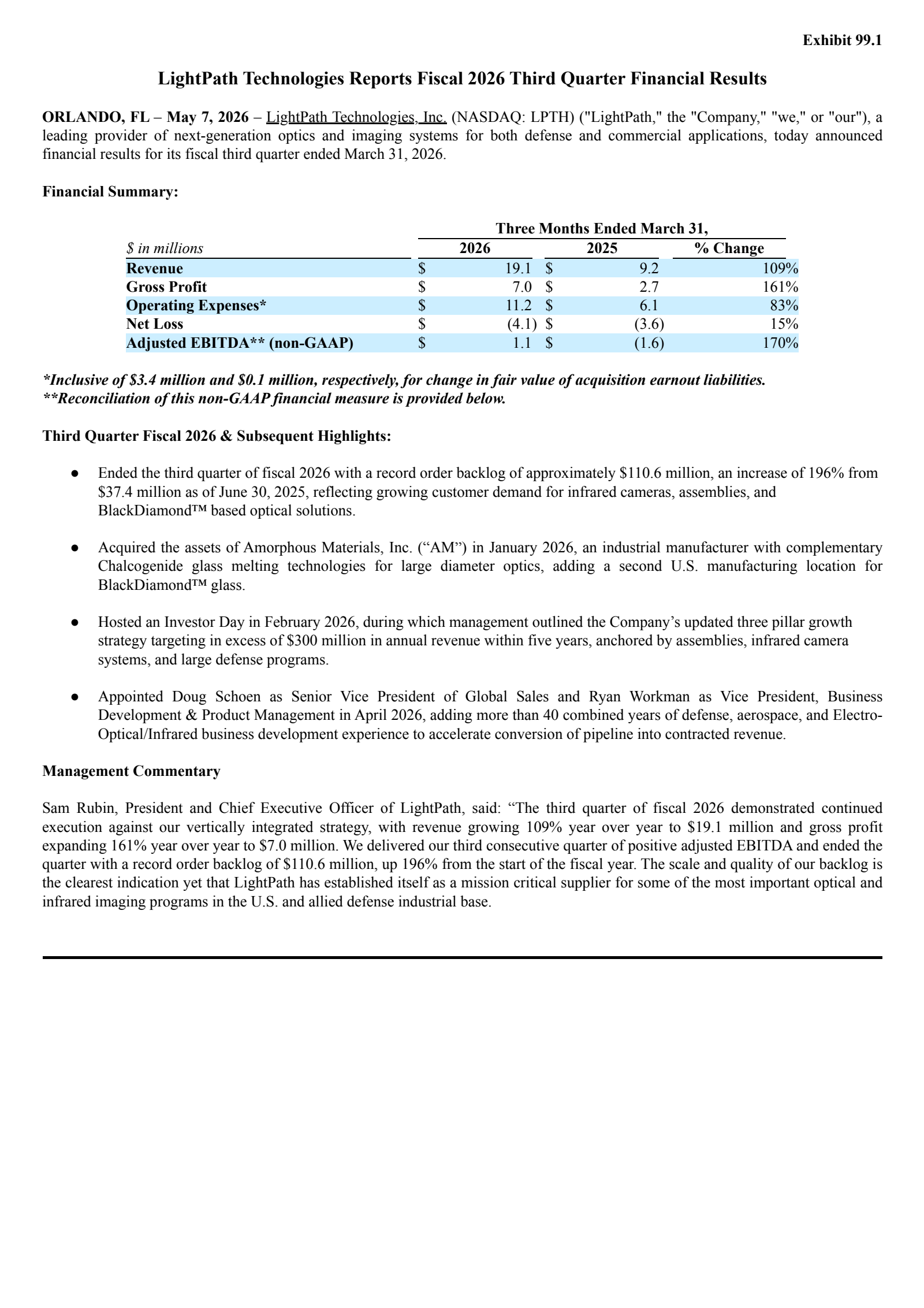 LightPath Technologies' Q3 2026 Press Release