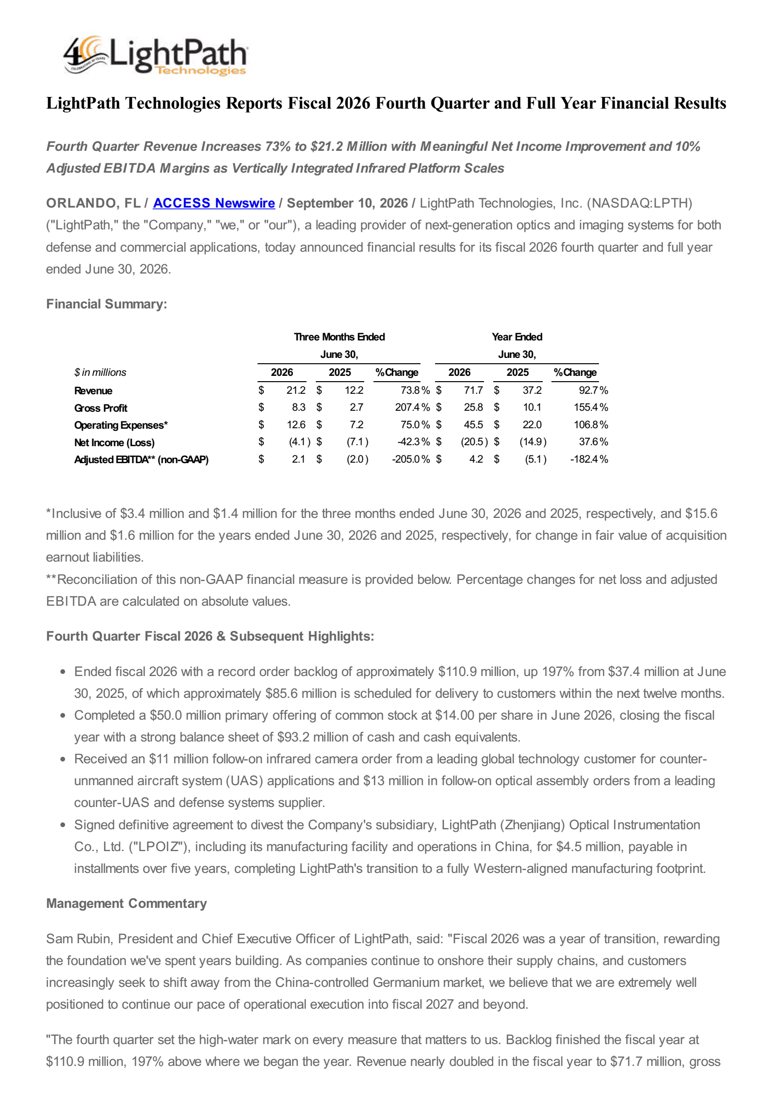 LightPath Technologies' Q4 2026 Press Release