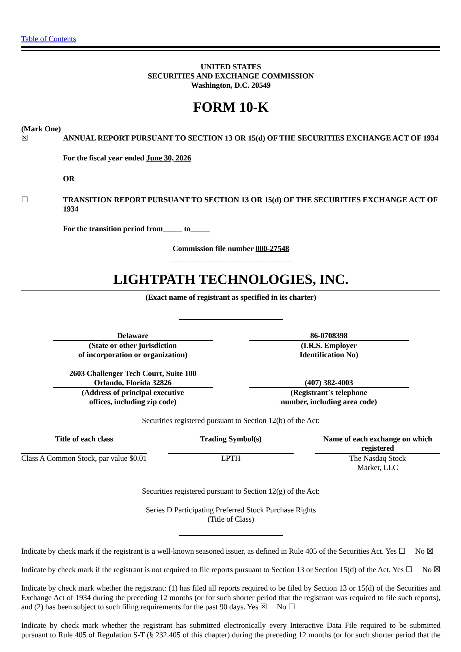LightPath Technologies' Q4 2026 Annual report