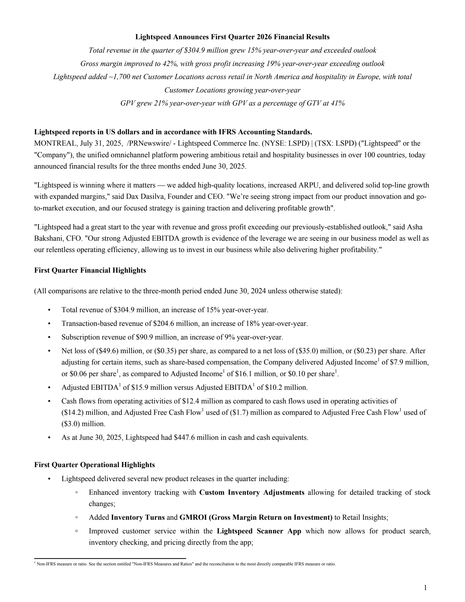 Lightspeed Commerce's Q1 2026 Press Release