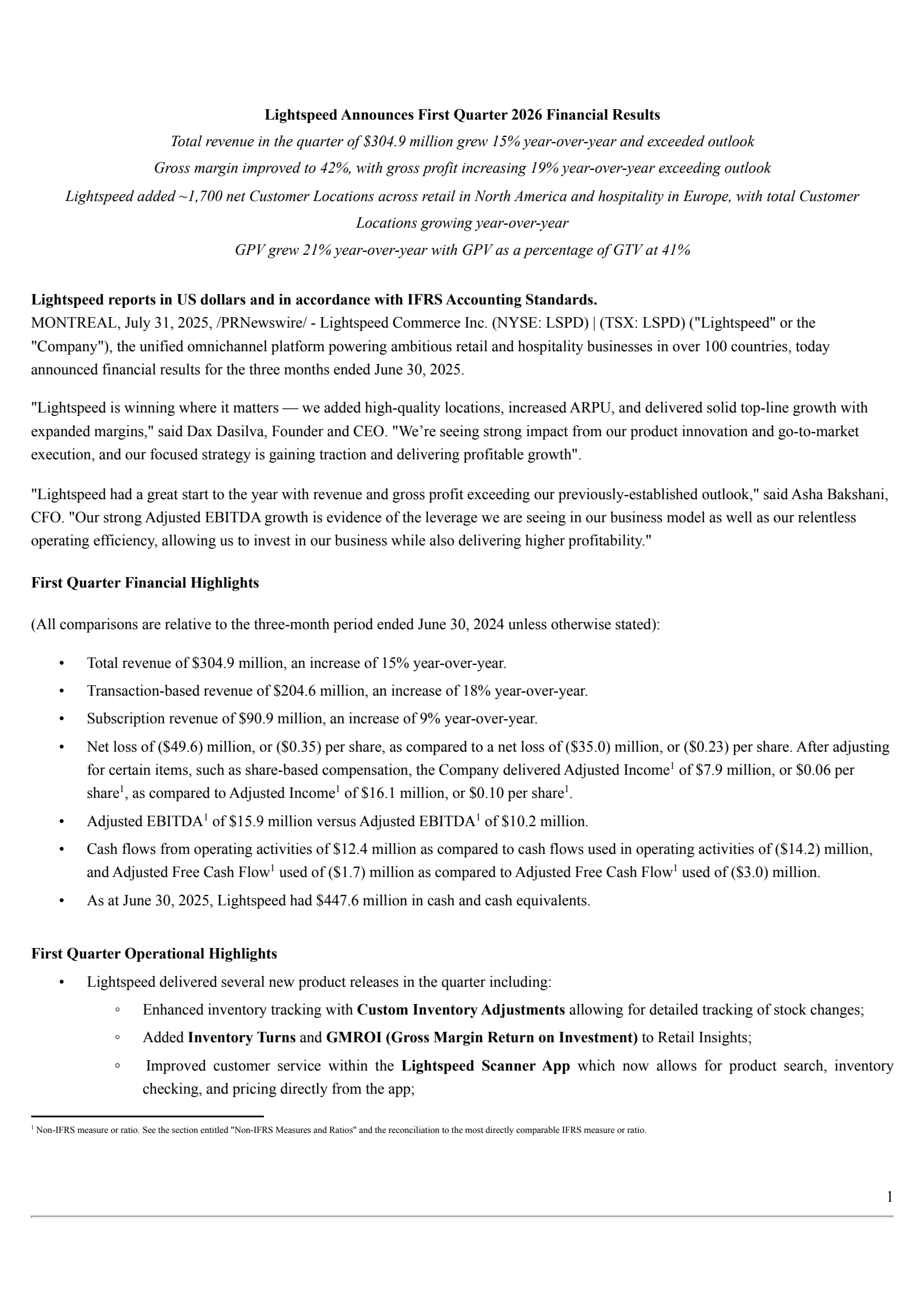 Lightspeed Commerce's Q1 2026 Press Release