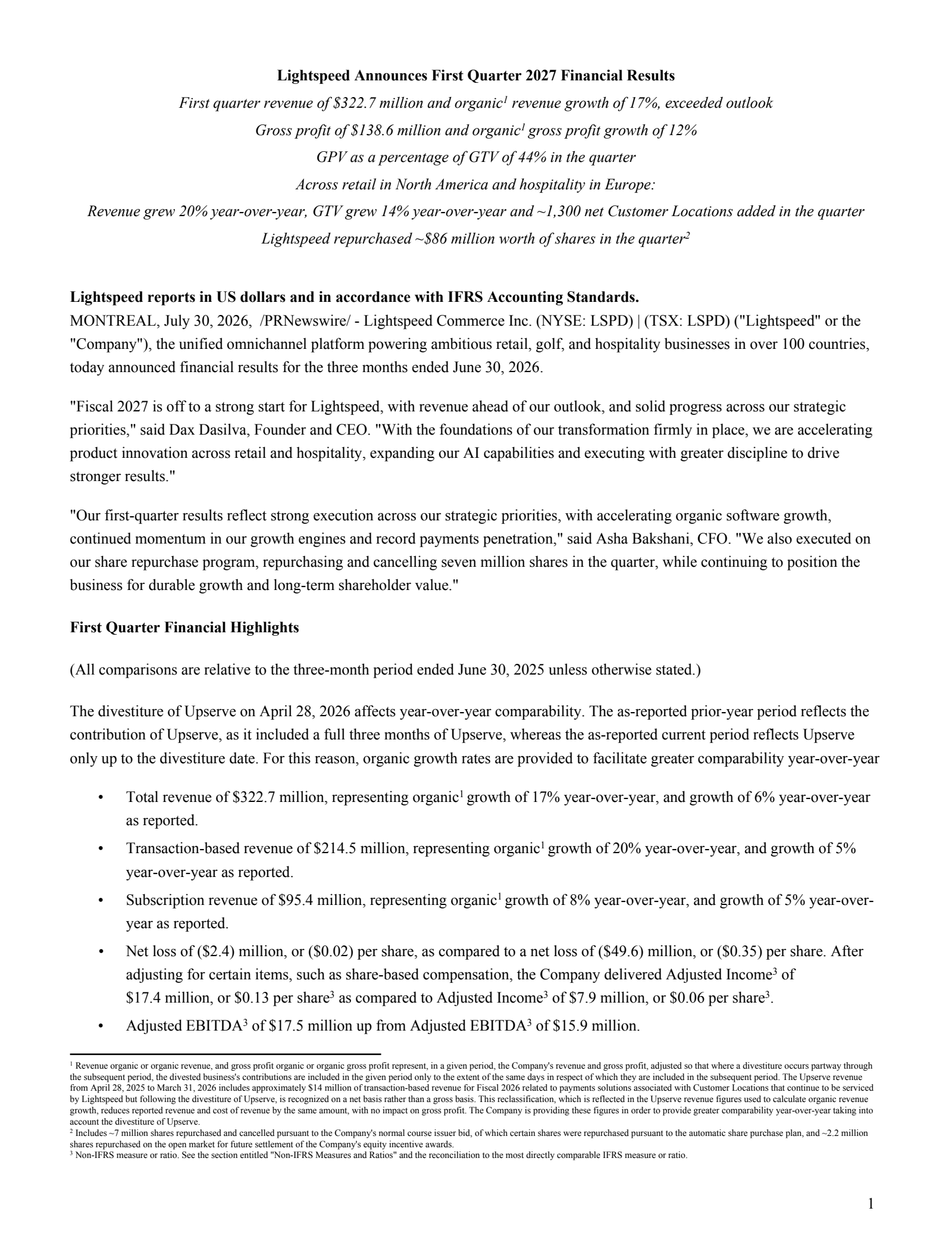 Lightspeed Commerce's Q1 2027 Press Release