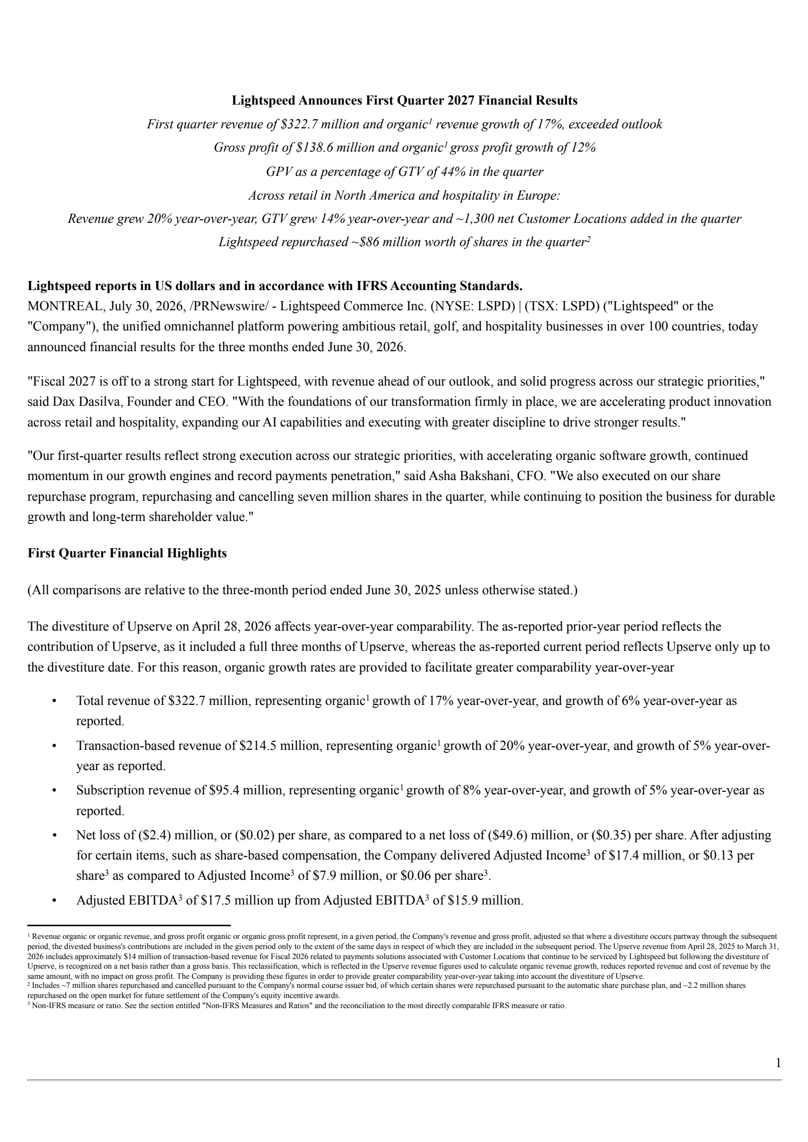 Lightspeed Commerce's Q1 2027 Press Release