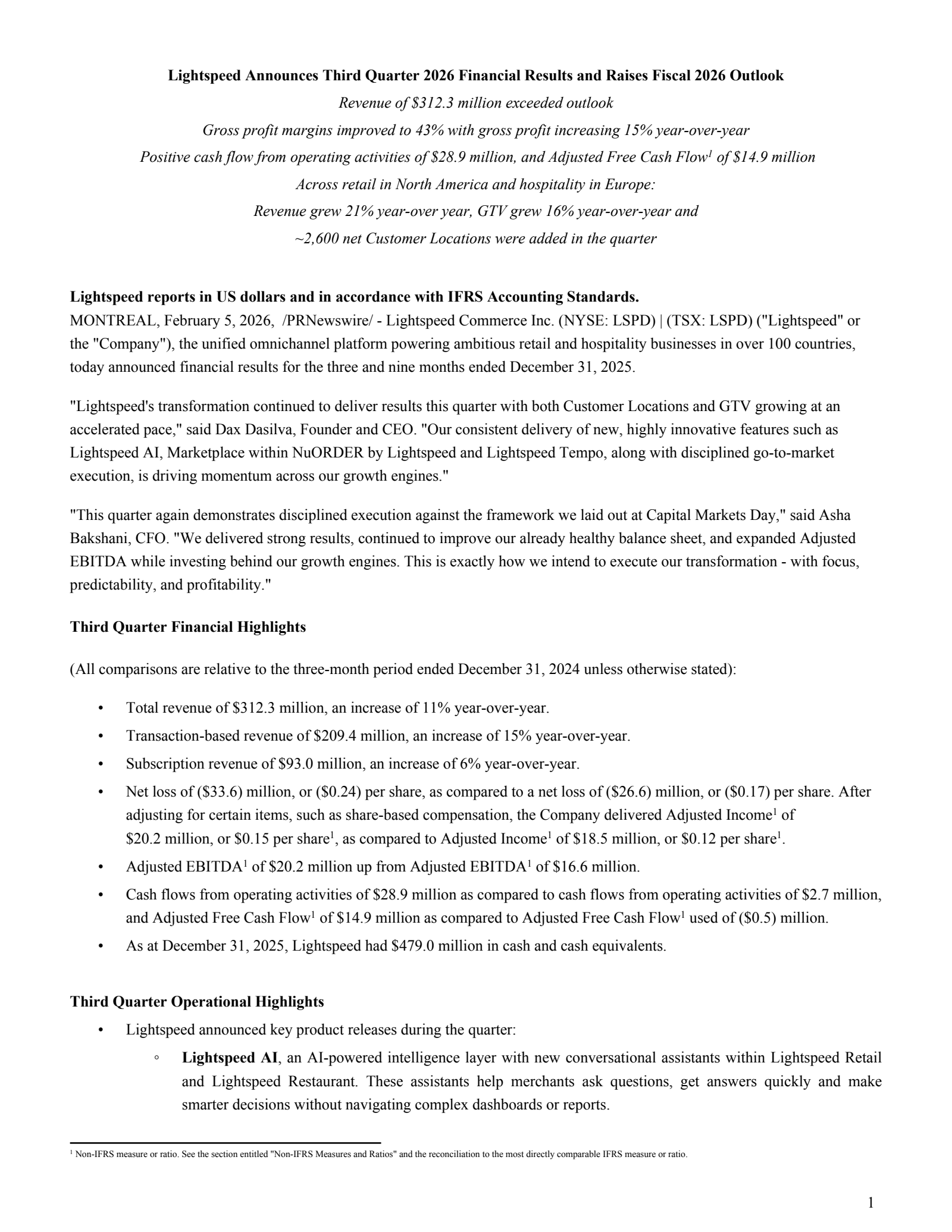 Lightspeed Commerce's Q3 2026 Press Release