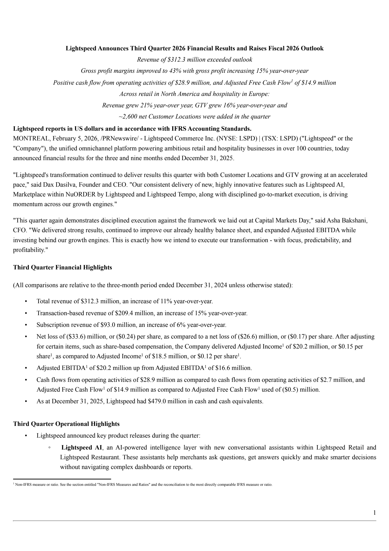 Lightspeed Commerce's Q3 2026 Press Release