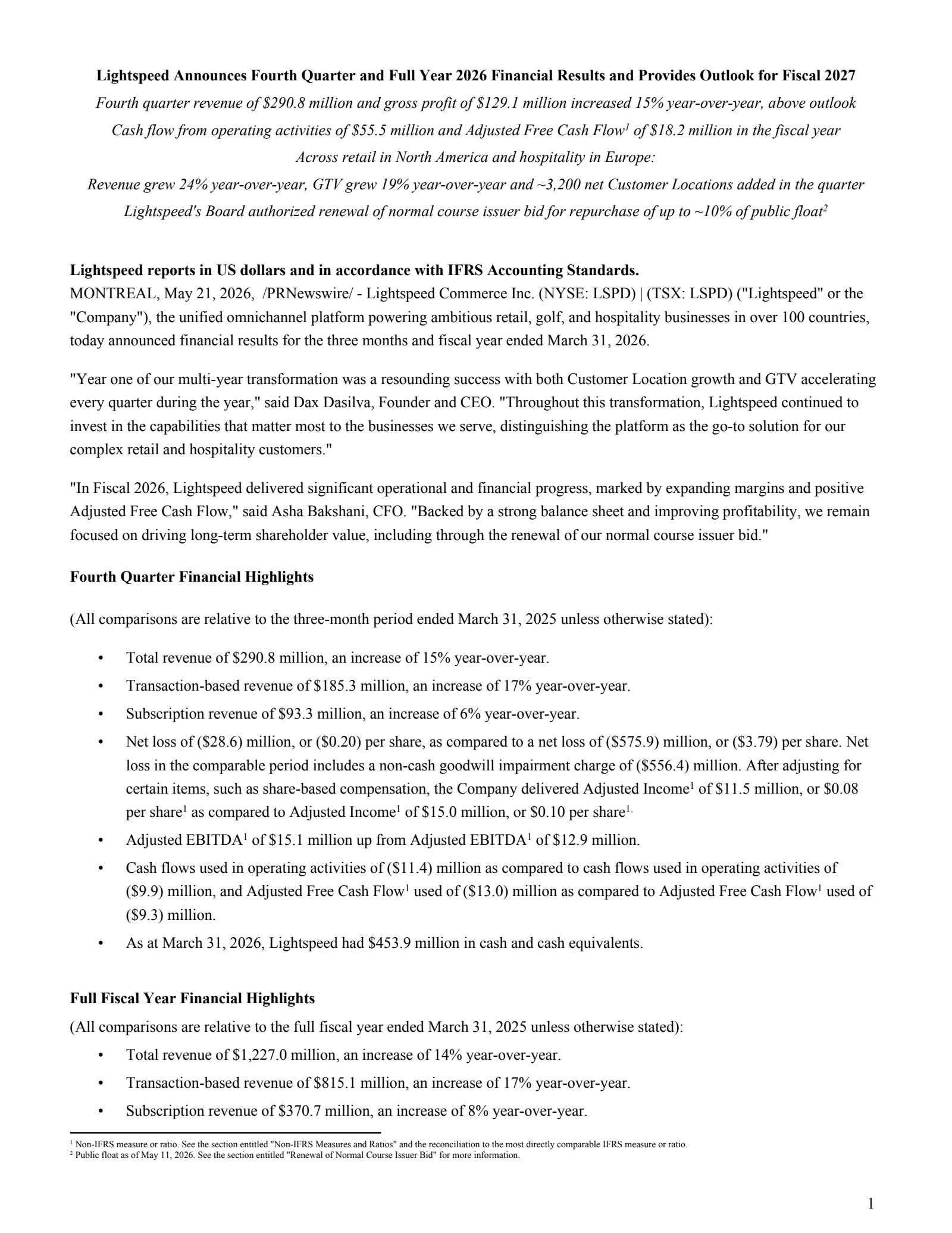 Lightspeed Commerce's Q4 2026 Press Release