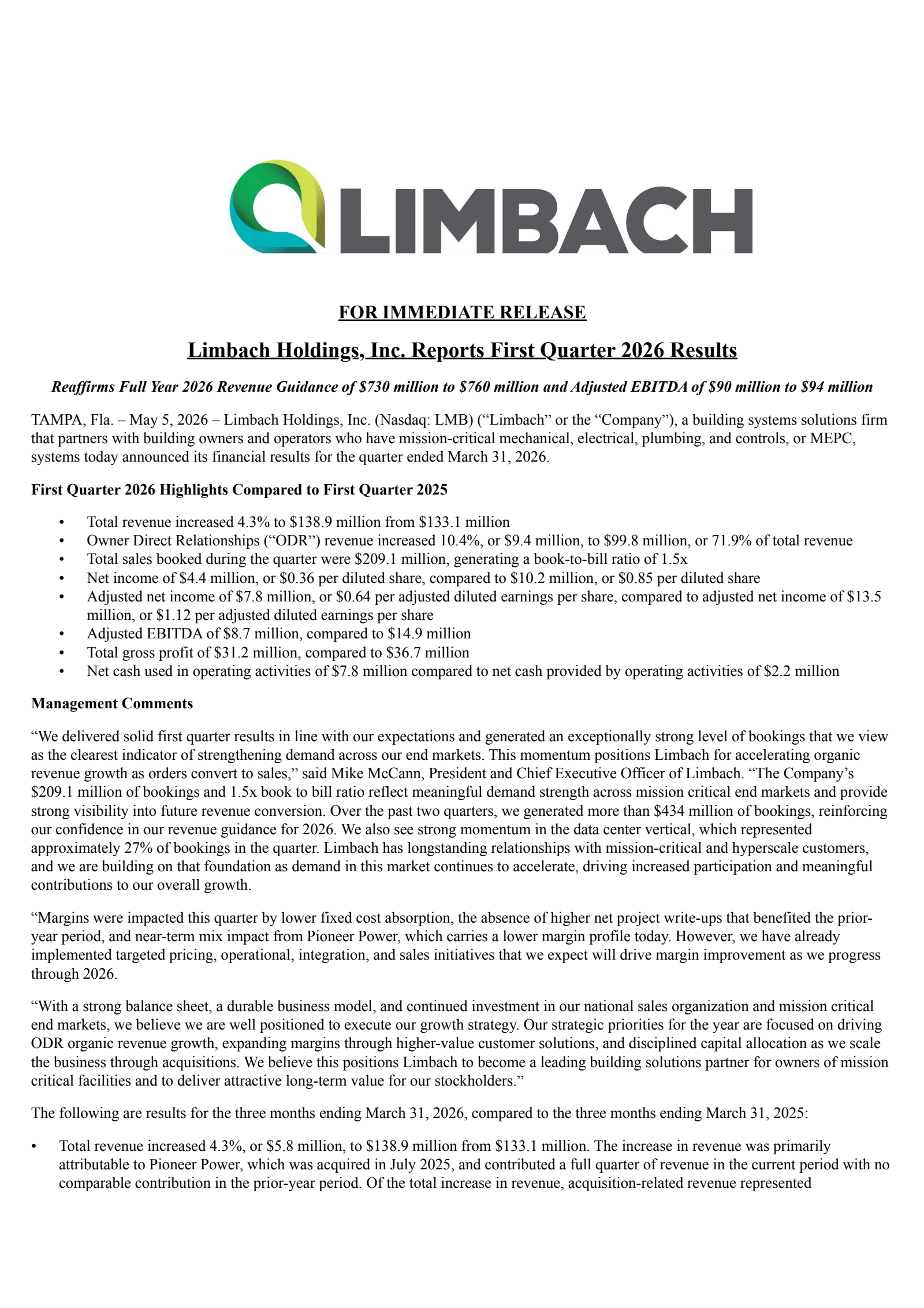 Limbach's Q1 2026 Press Release