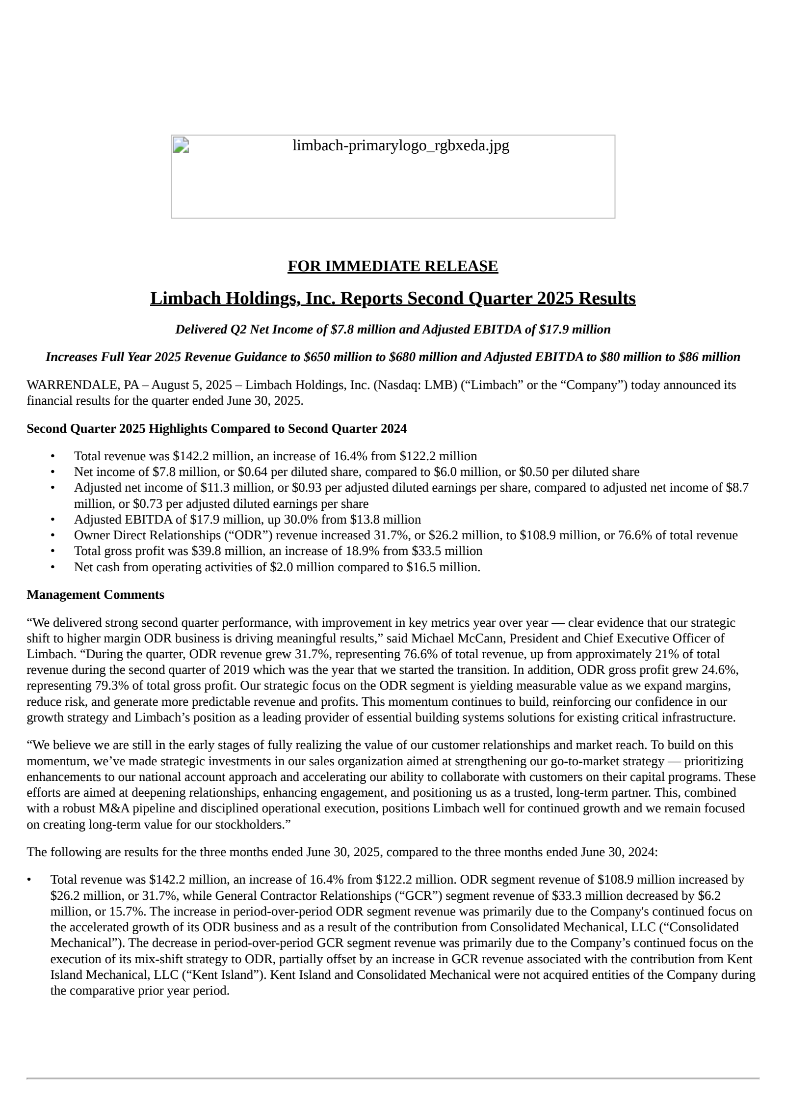 Limbach's Q2 2025 Press Release