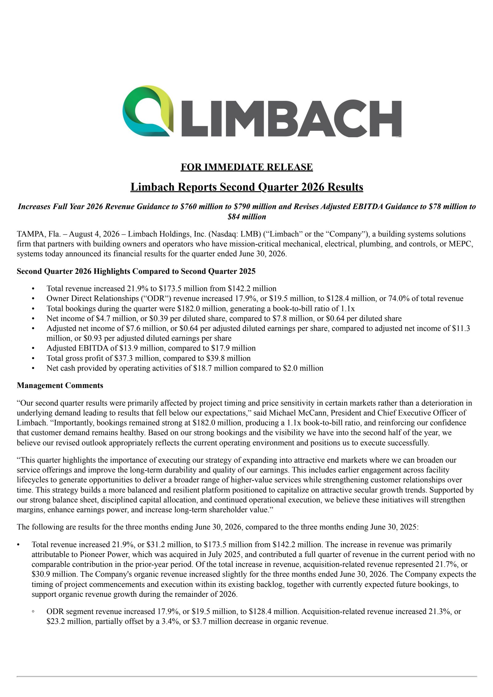 Limbach's Q2 2026 Press Release