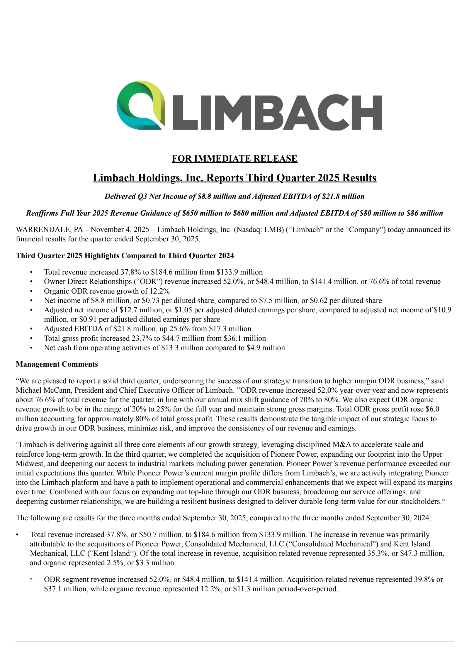 Limbach's Q3 2025 Earnings Release