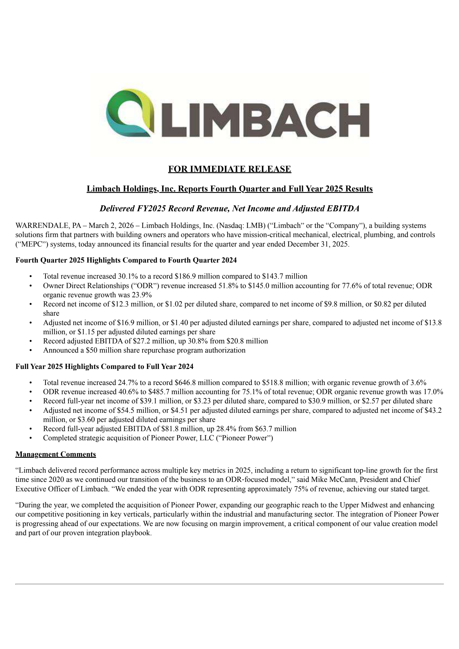 Limbach's Q4 2025 Press Release