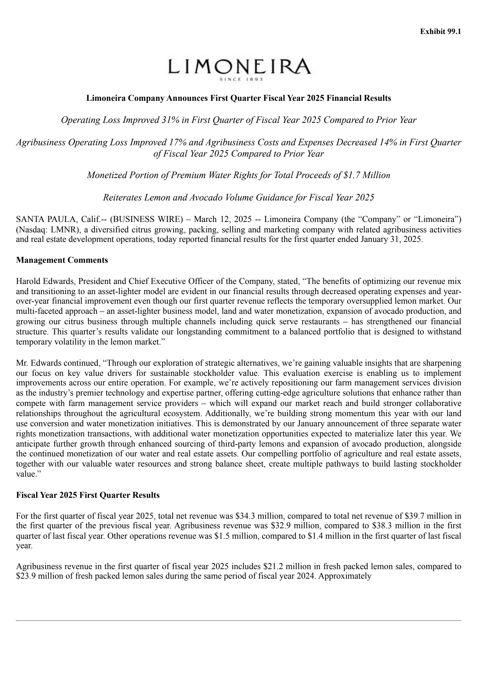 Limoneira's Q1 2025 Press Release