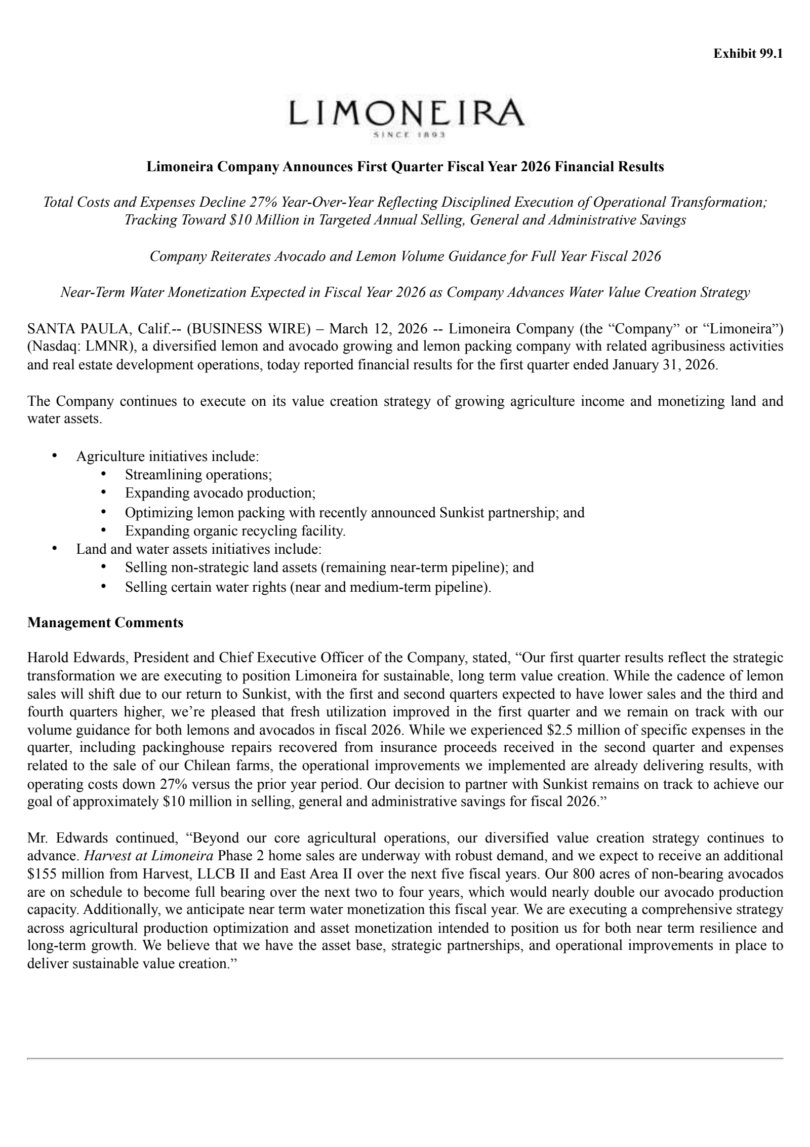 Limoneira's Q1 2026 Press Release
