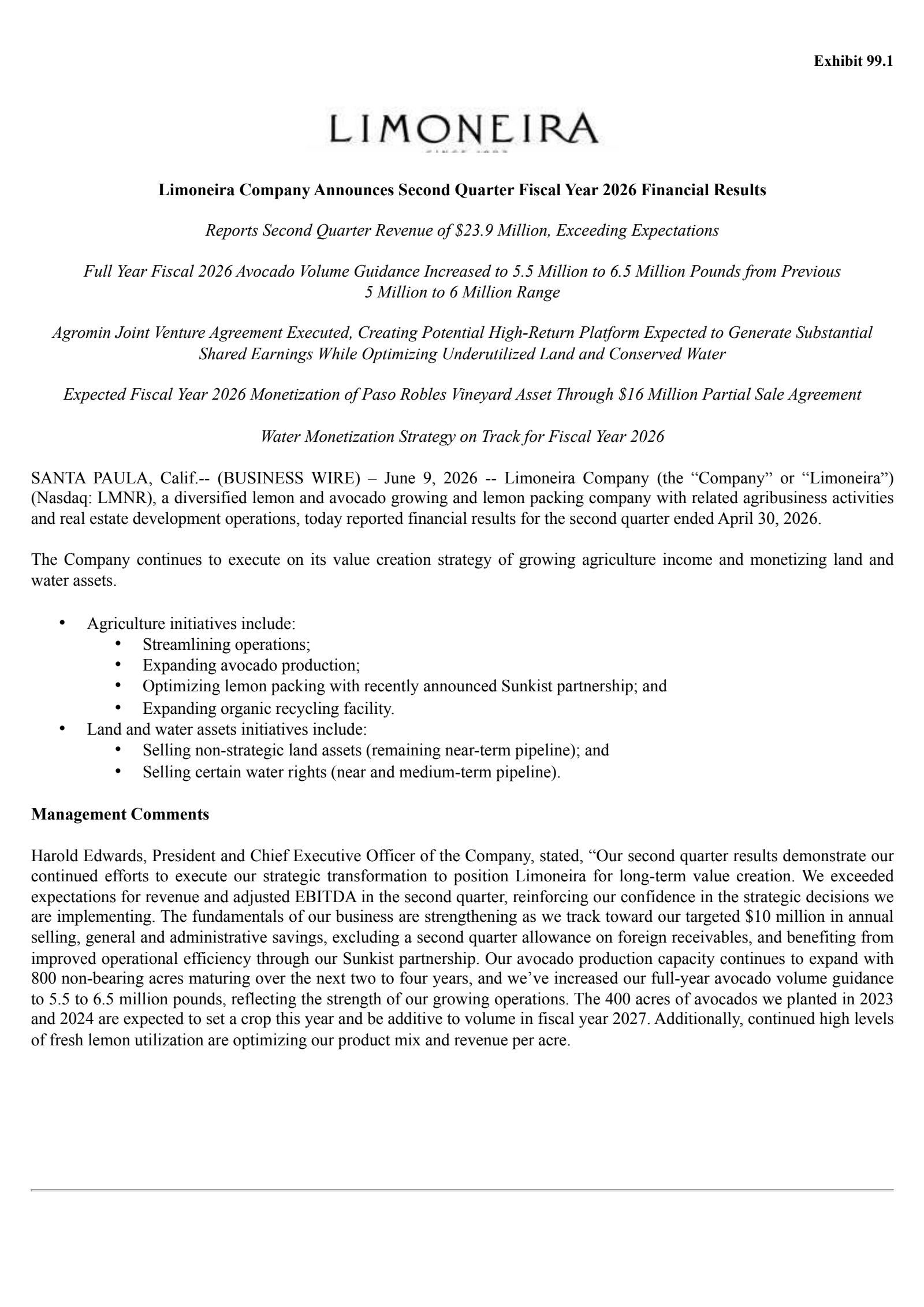 Limoneira's Q2 2026 Press Release