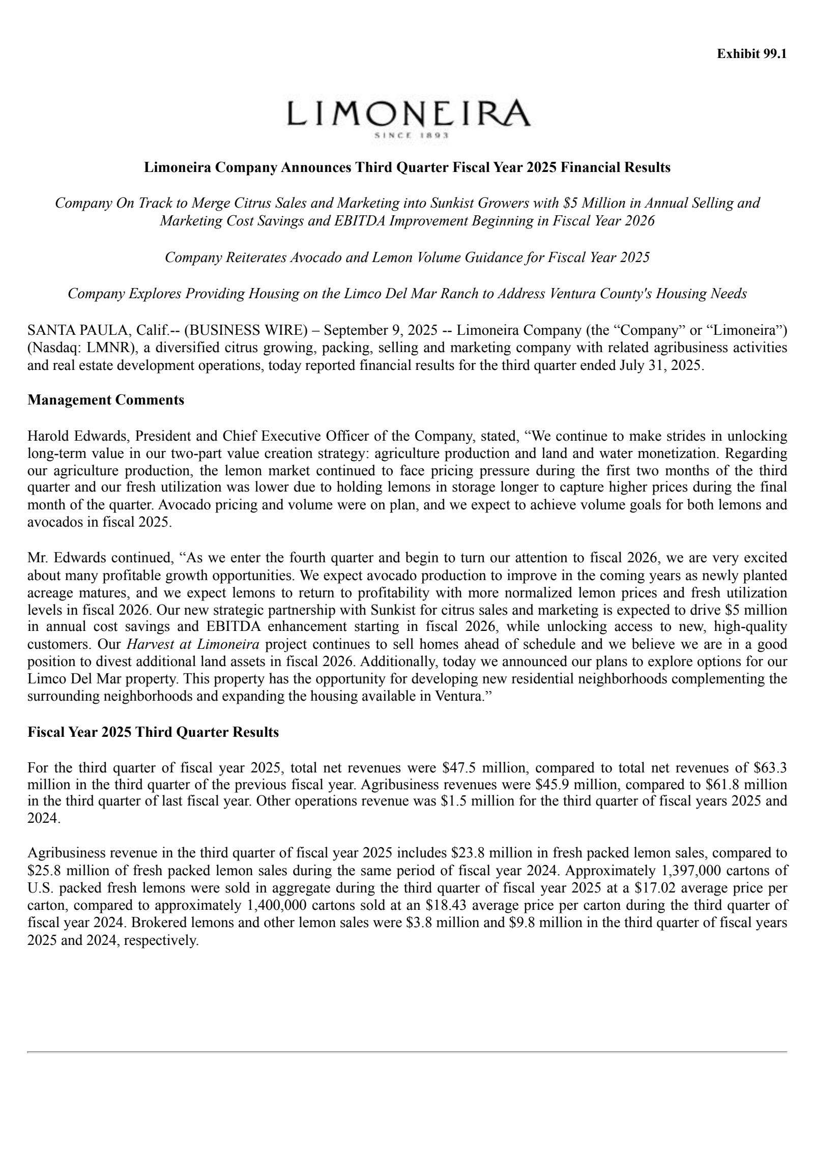 Limoneira's Q3 2025 Earnings Release