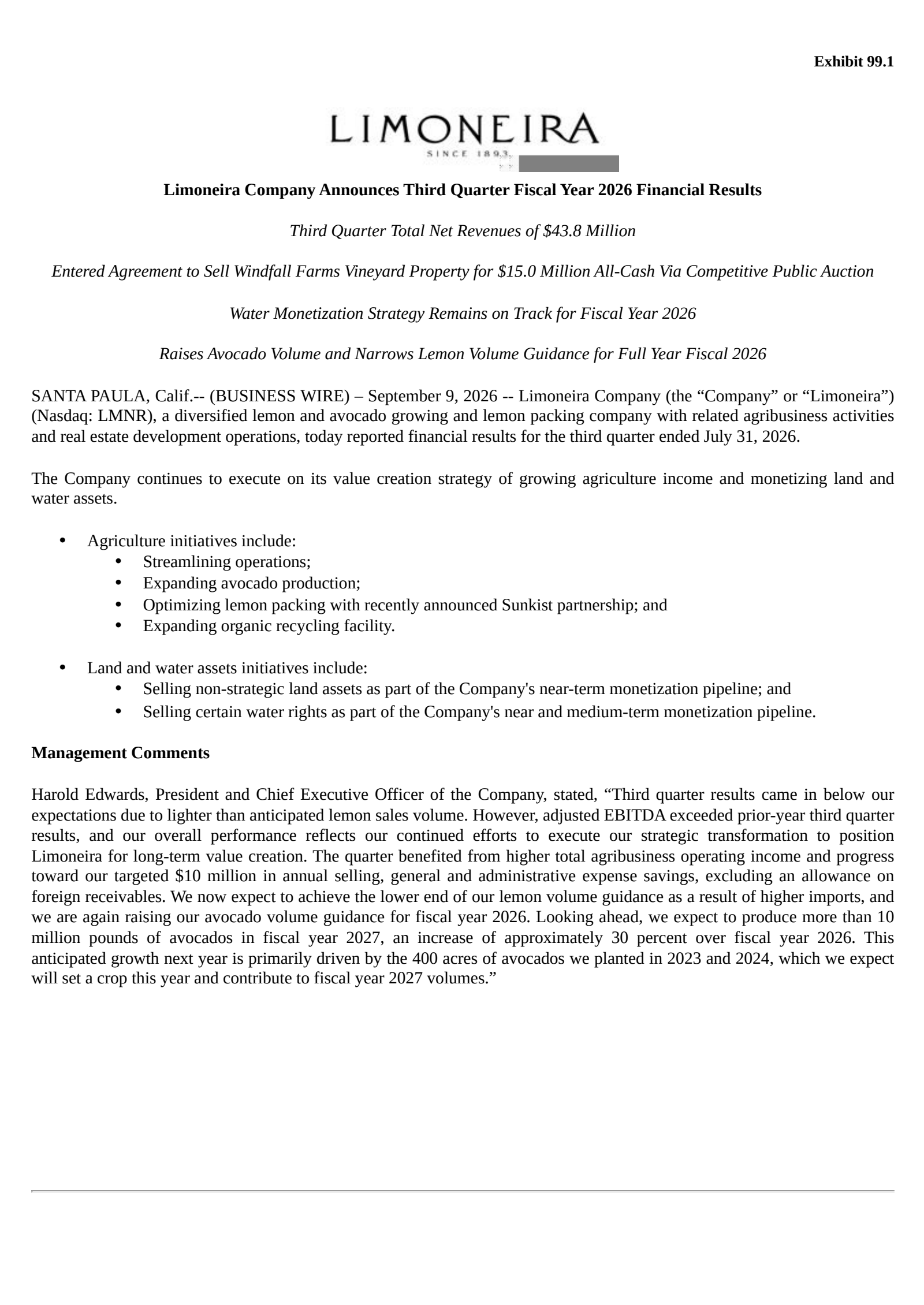Limoneira's Q3 2026 Press Release