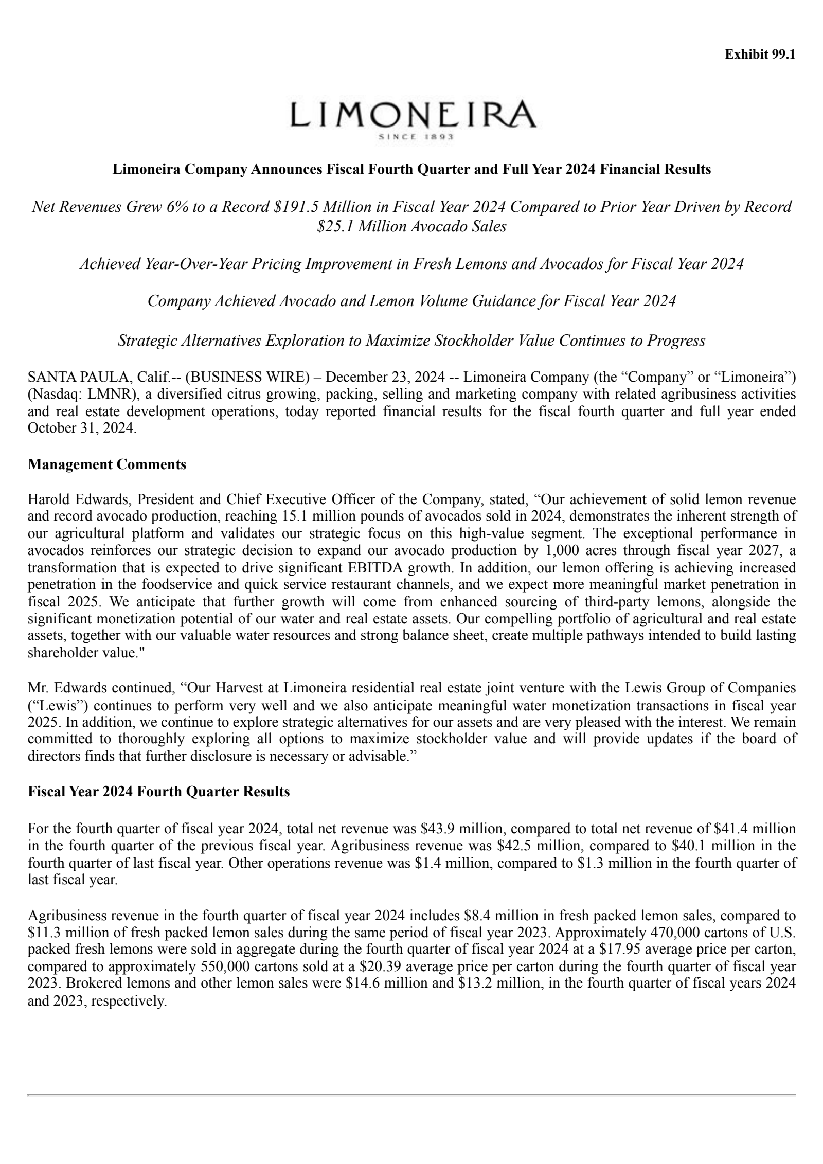 Limoneira's Q4 2024 Press Release