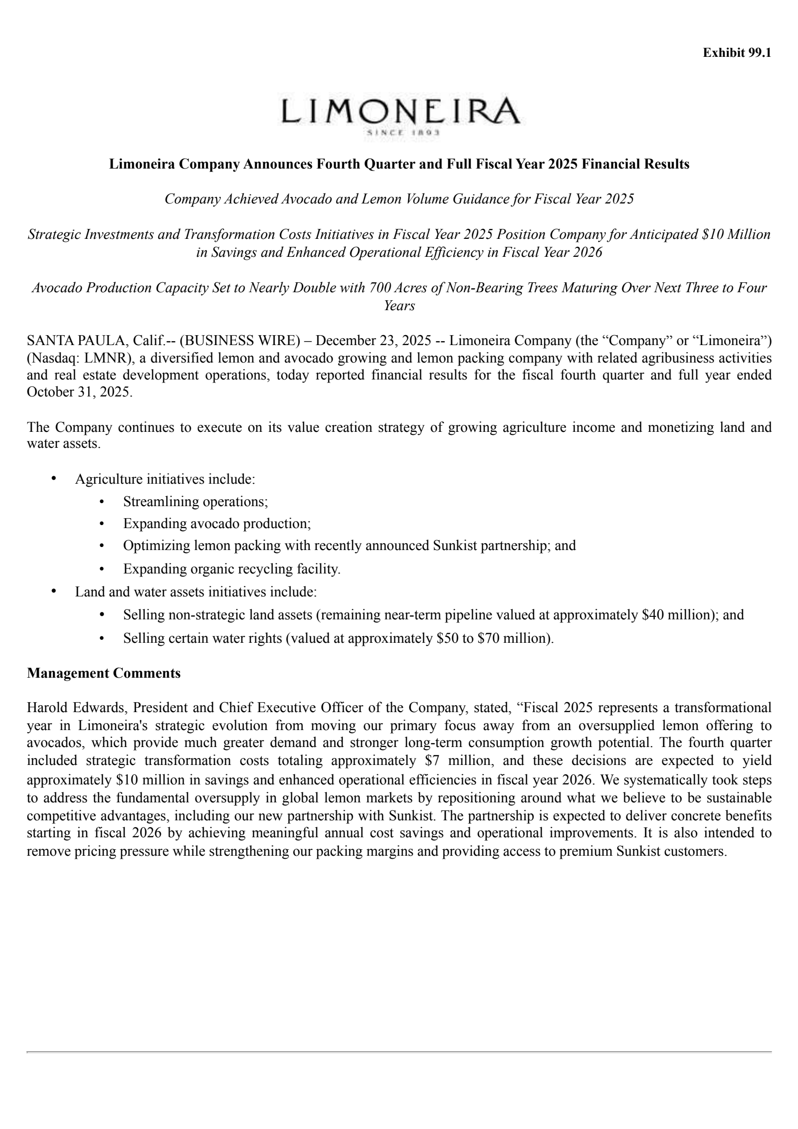 Limoneira's Q4 2025 Earnings Release