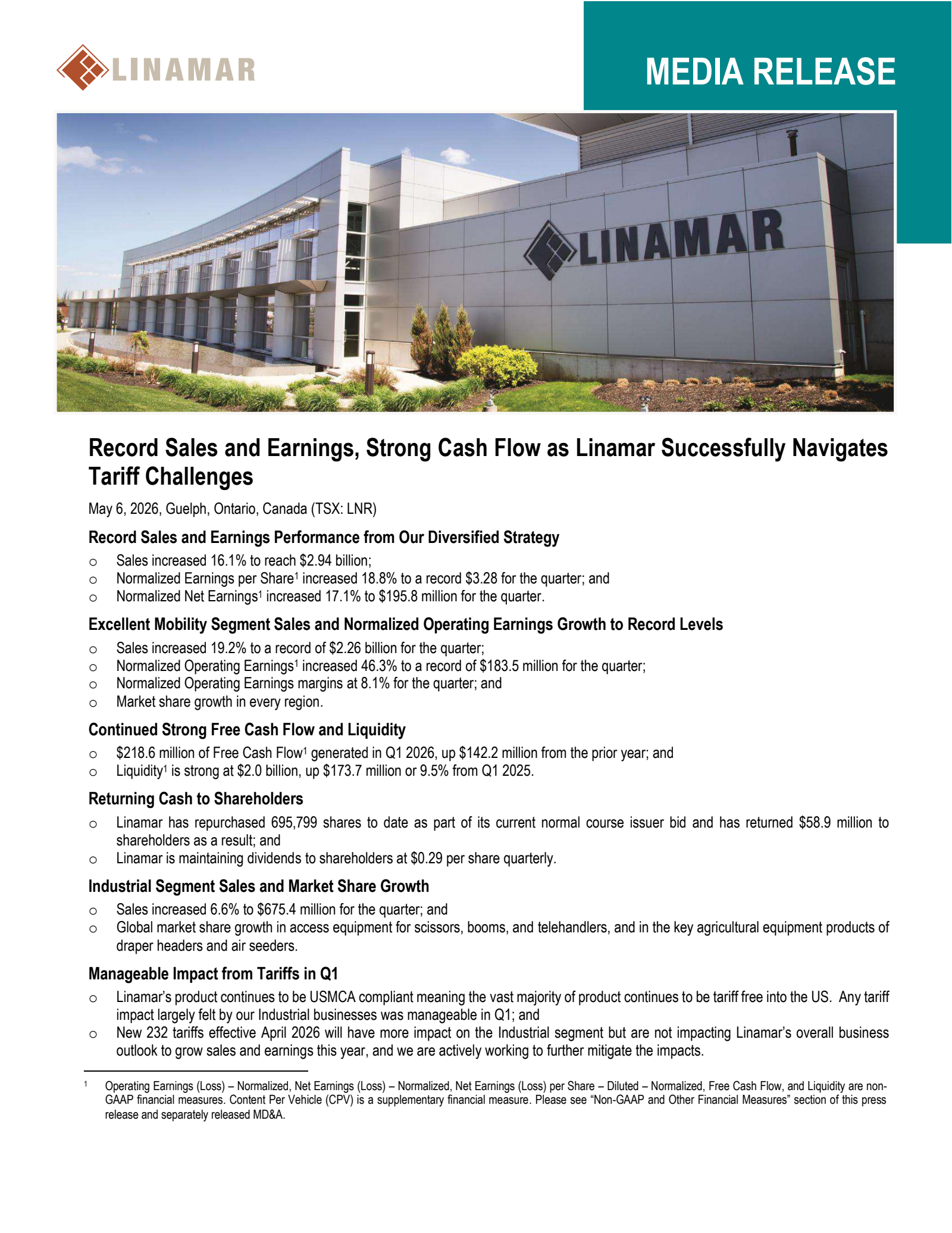 Linamar's Q1 2026 Press Release