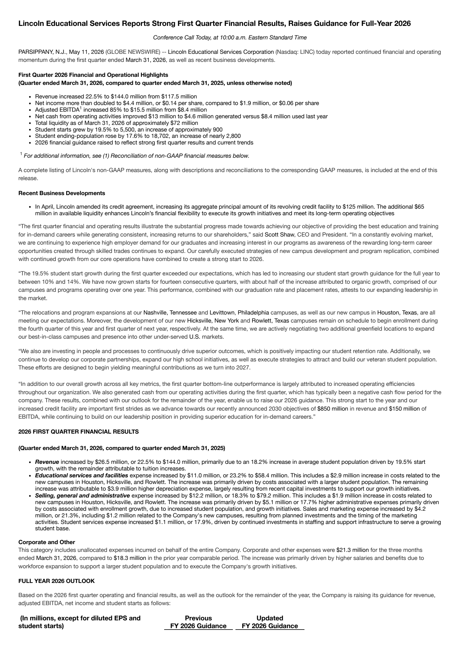 Lincoln Educational Services' Q1 2026 Press Release