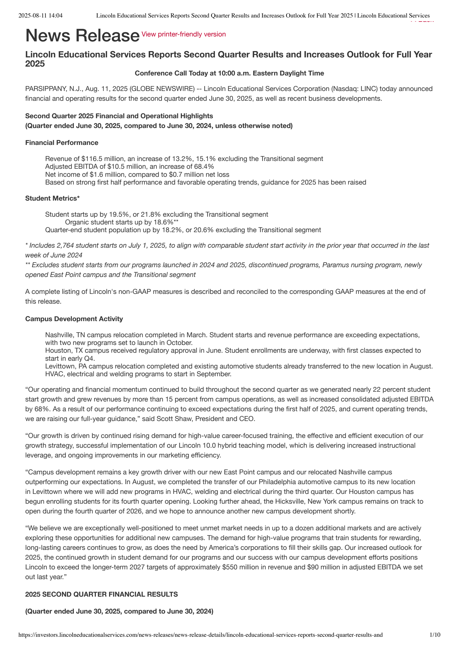 Lincoln Educational Services' Q2 2025 Press Release