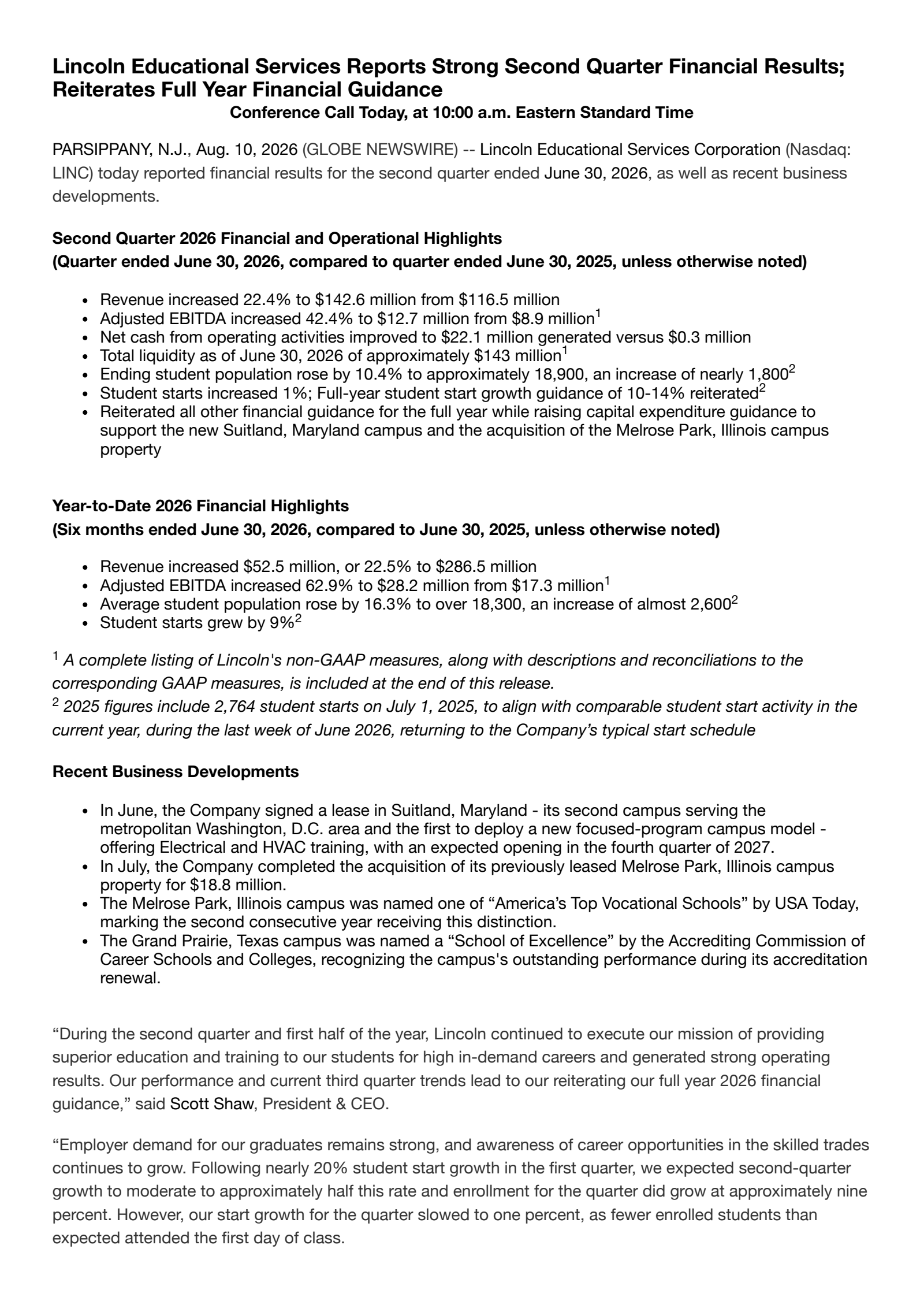 Lincoln Educational Services' Q2 2026 Press Release