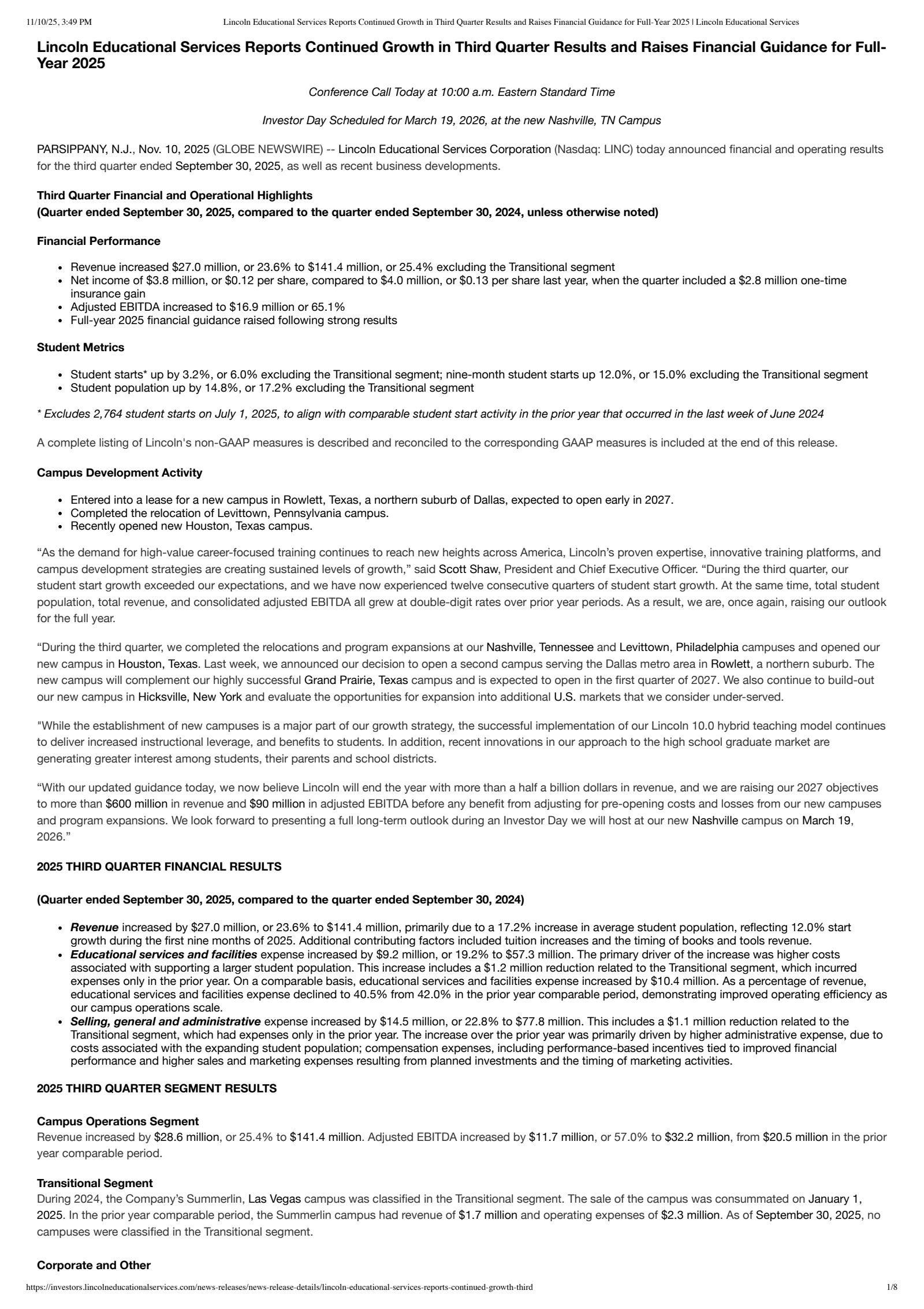 Lincoln Educational Services' Q3 2025 Earnings Release