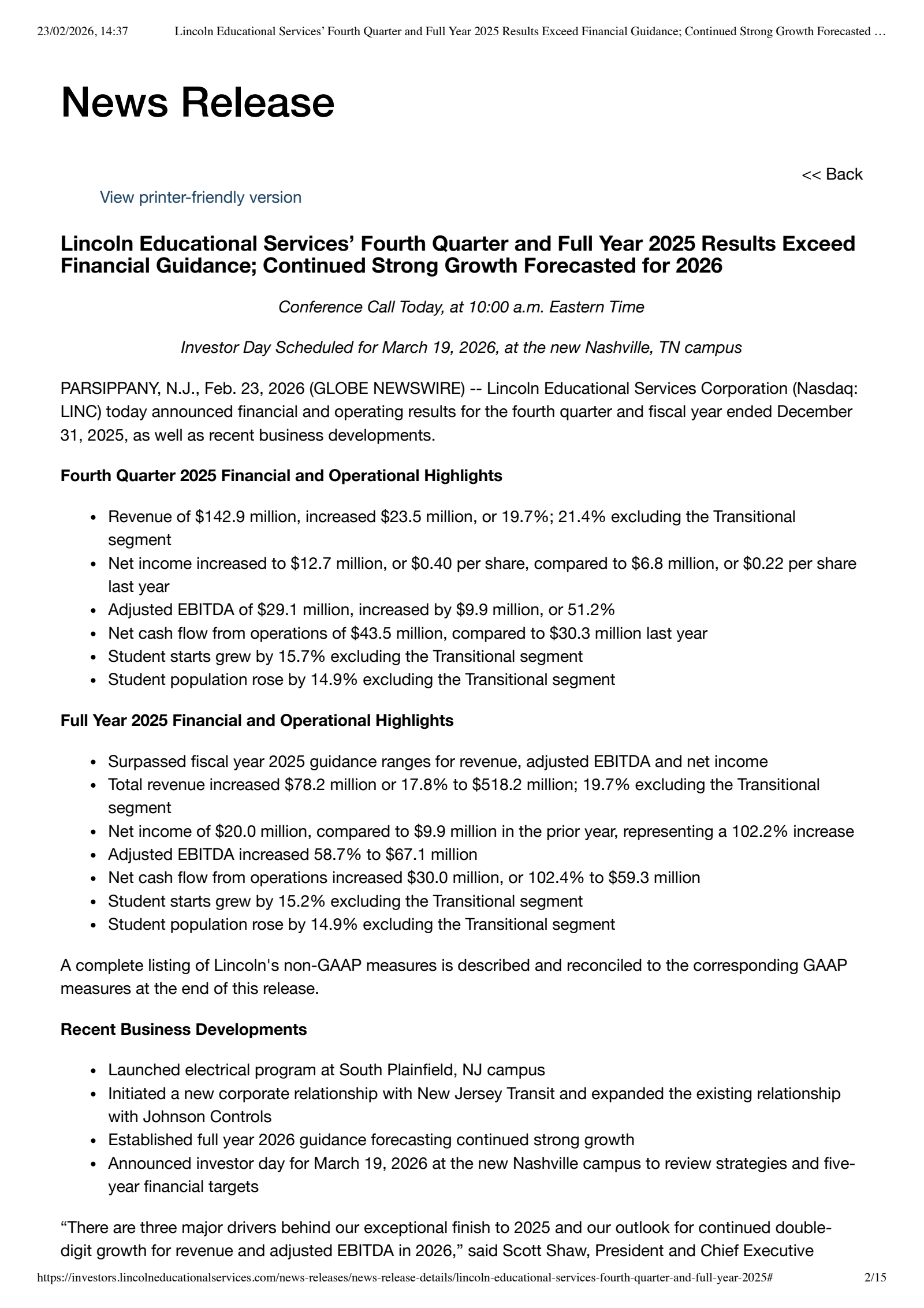 Lincoln Educational Services' Q4 2025 Press Release