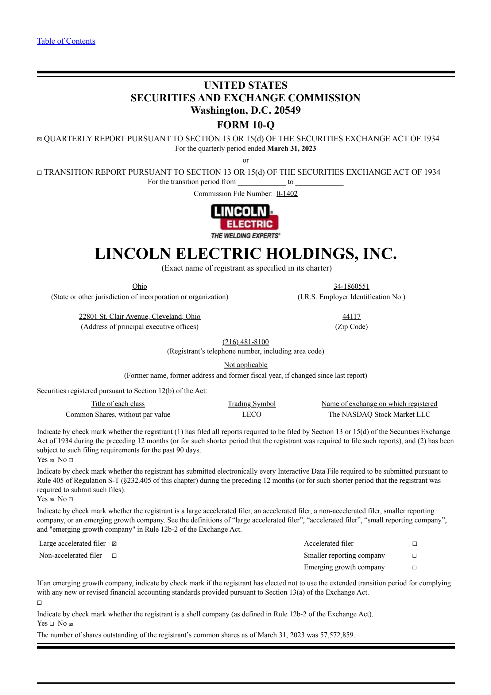 Lincoln Electric's Q1 2023 Quarterly report