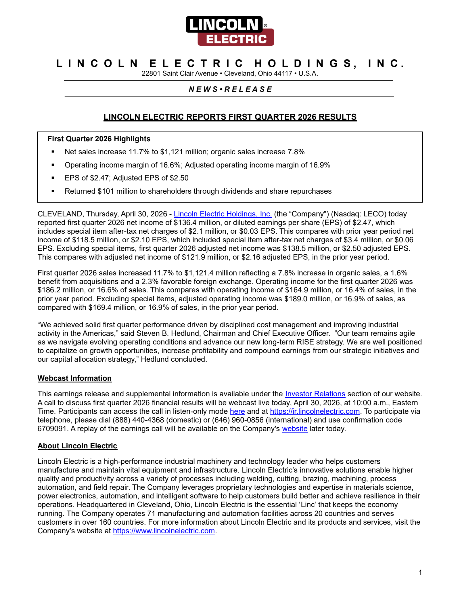 Lincoln Electric's Q1 2026 Press Release