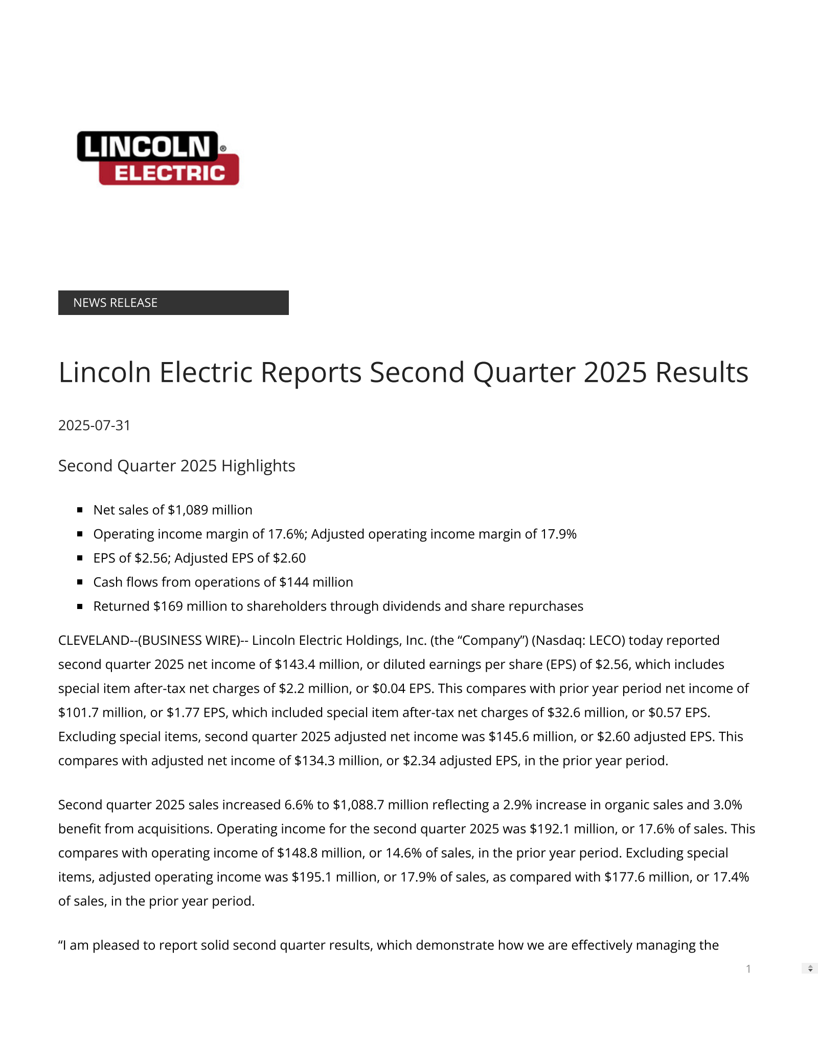 Lincoln Electric's Q2 2025 Press Release