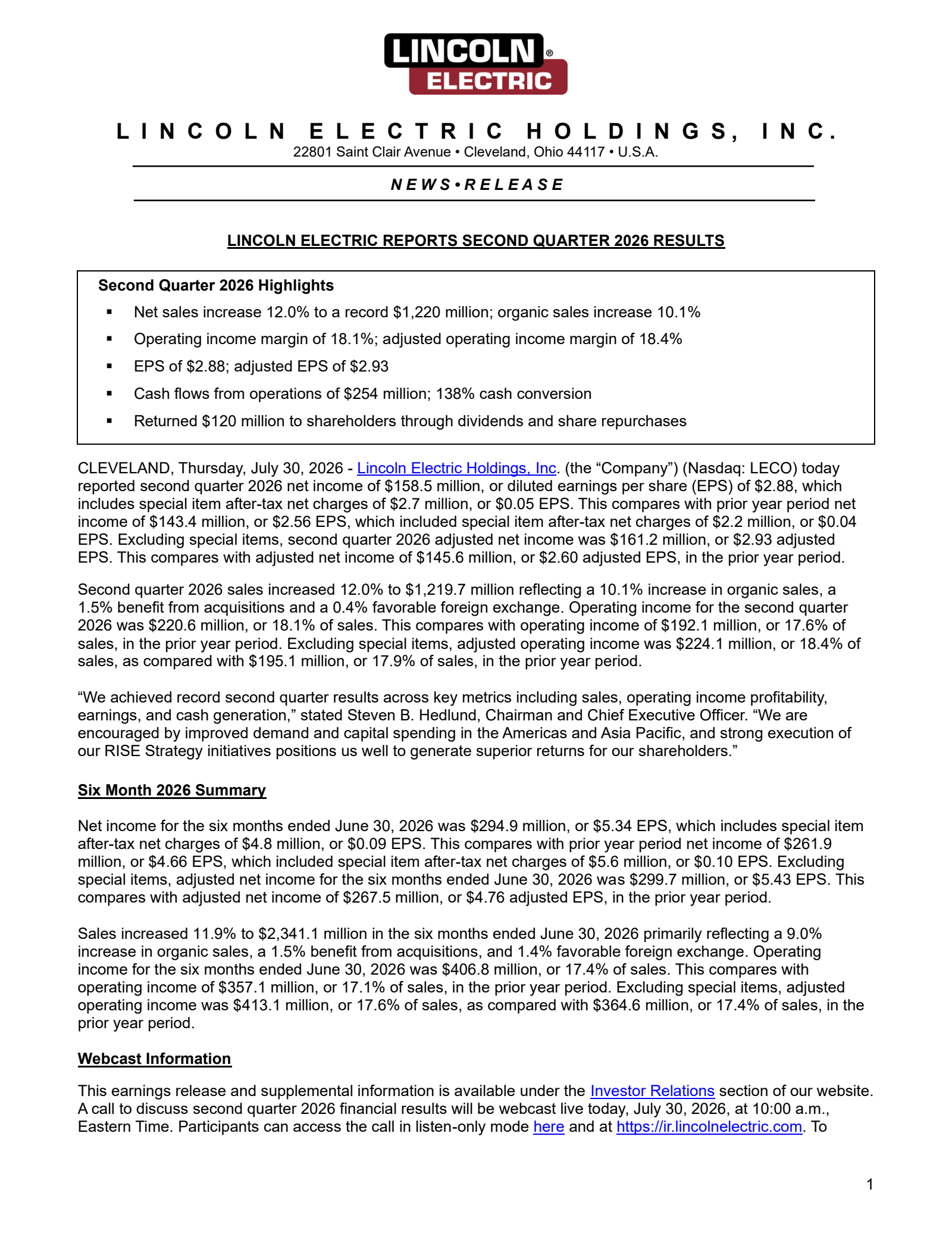 Lincoln Electric's Q2 2026 Press Release