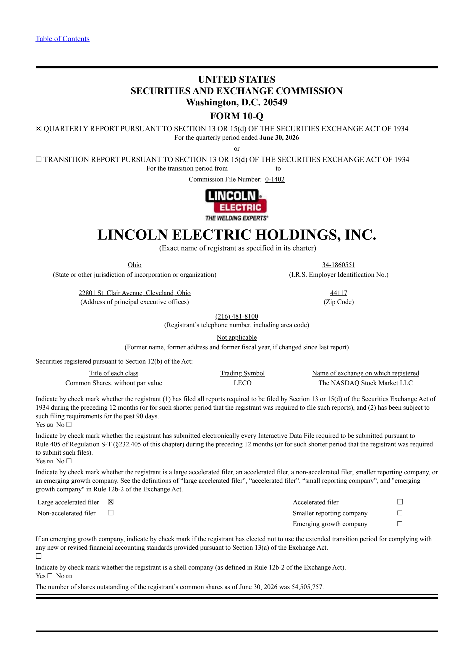 Lincoln Electric's Q2 2026 Quarterly report